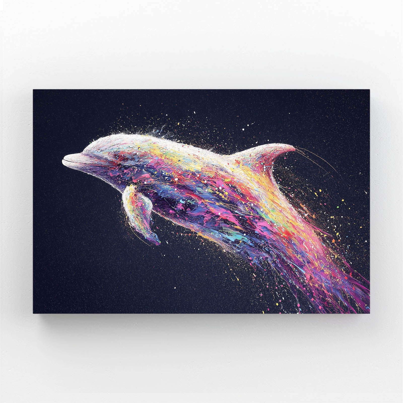 Rainbow Ember Dolphin Wall Decor – dolphin igniting into rainbow embers and glowing particles on a black background