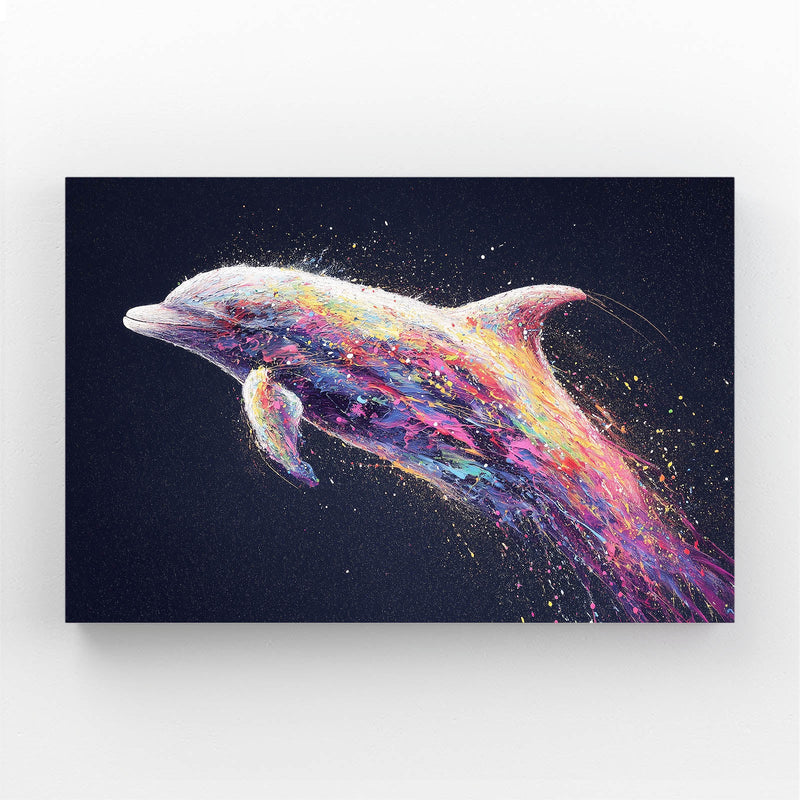 Rainbow Ember Dolphin Wall Decor – dolphin igniting into rainbow embers and glowing particles on a black background