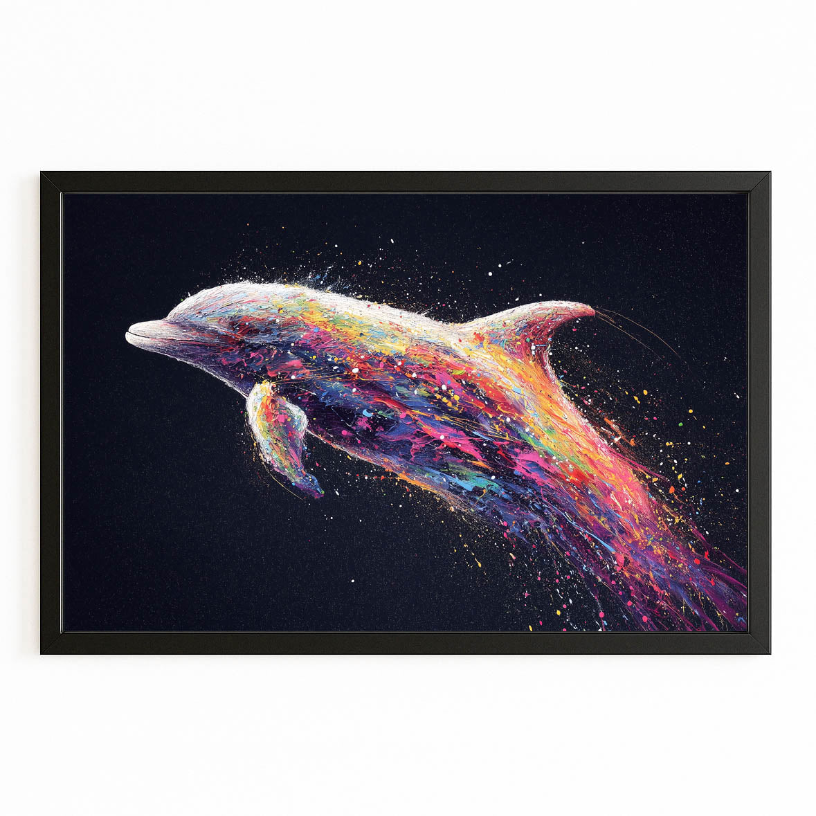 Rainbow Ember Dolphin Wall Decor – with Premium Black wood frame on white background