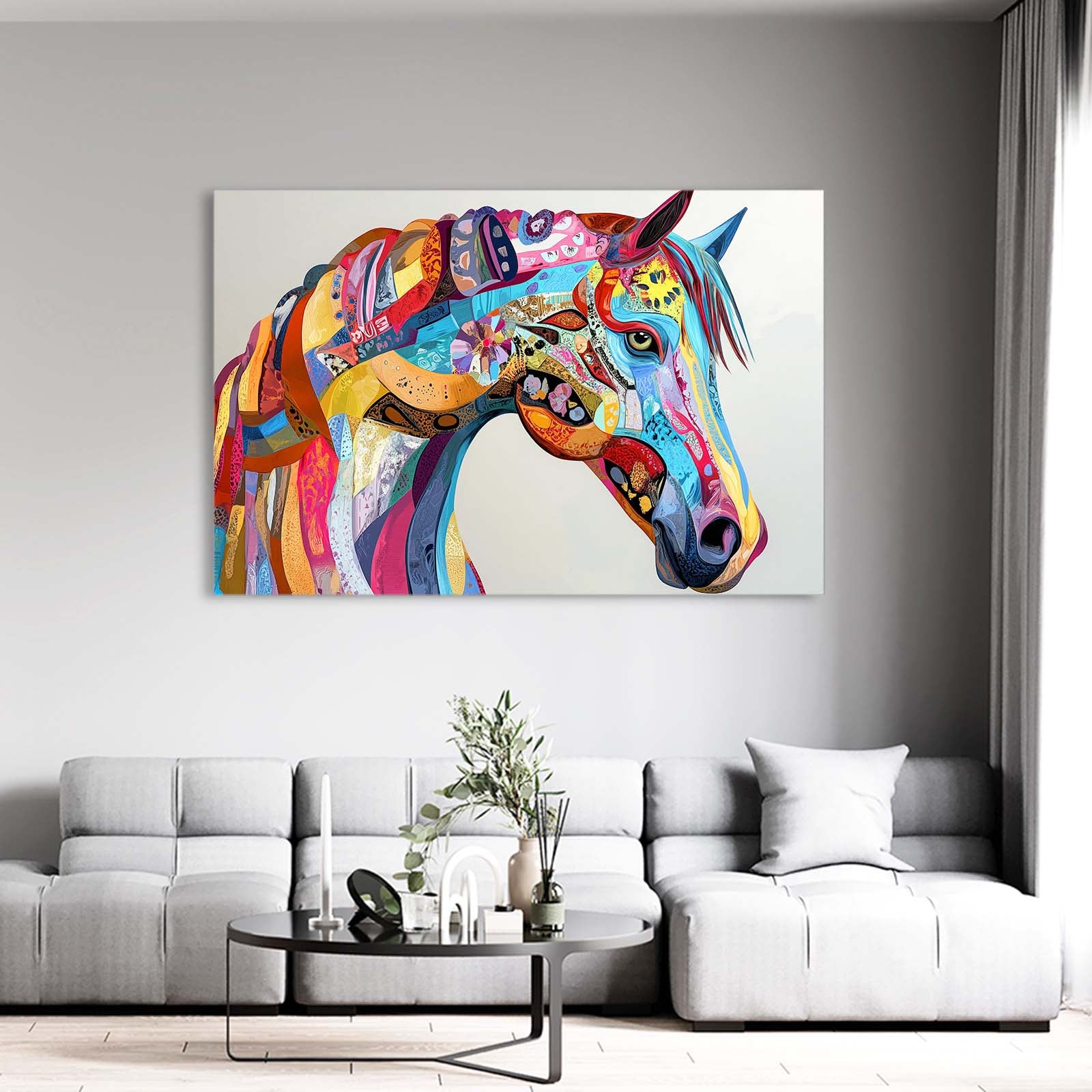 Rainbow Folk Head Horse Wall Art — contemporary canvas print, styled in a furnished interior