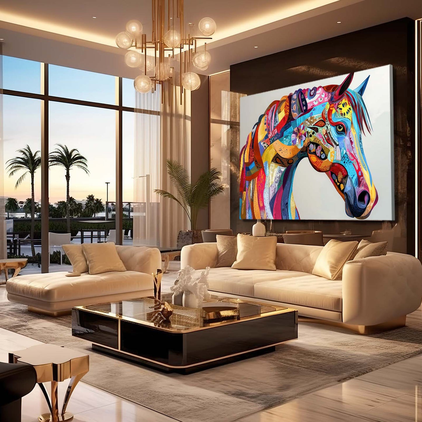 Rainbow Folk Head Horse Wall Art — contemporary canvas print, styled in a furnished interior