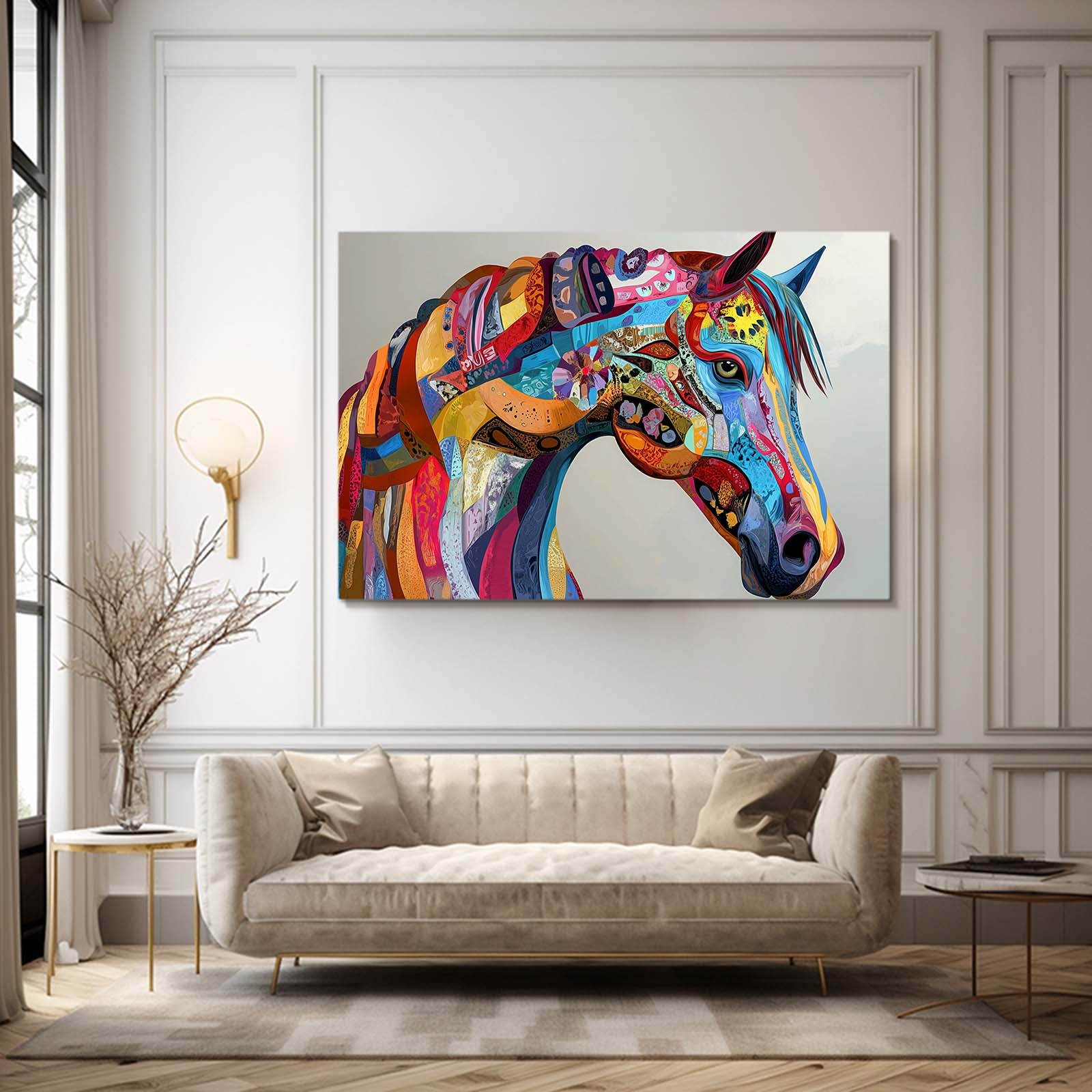 Rainbow Folk Head Horse Wall Art — contemporary canvas print, styled in a furnished interior