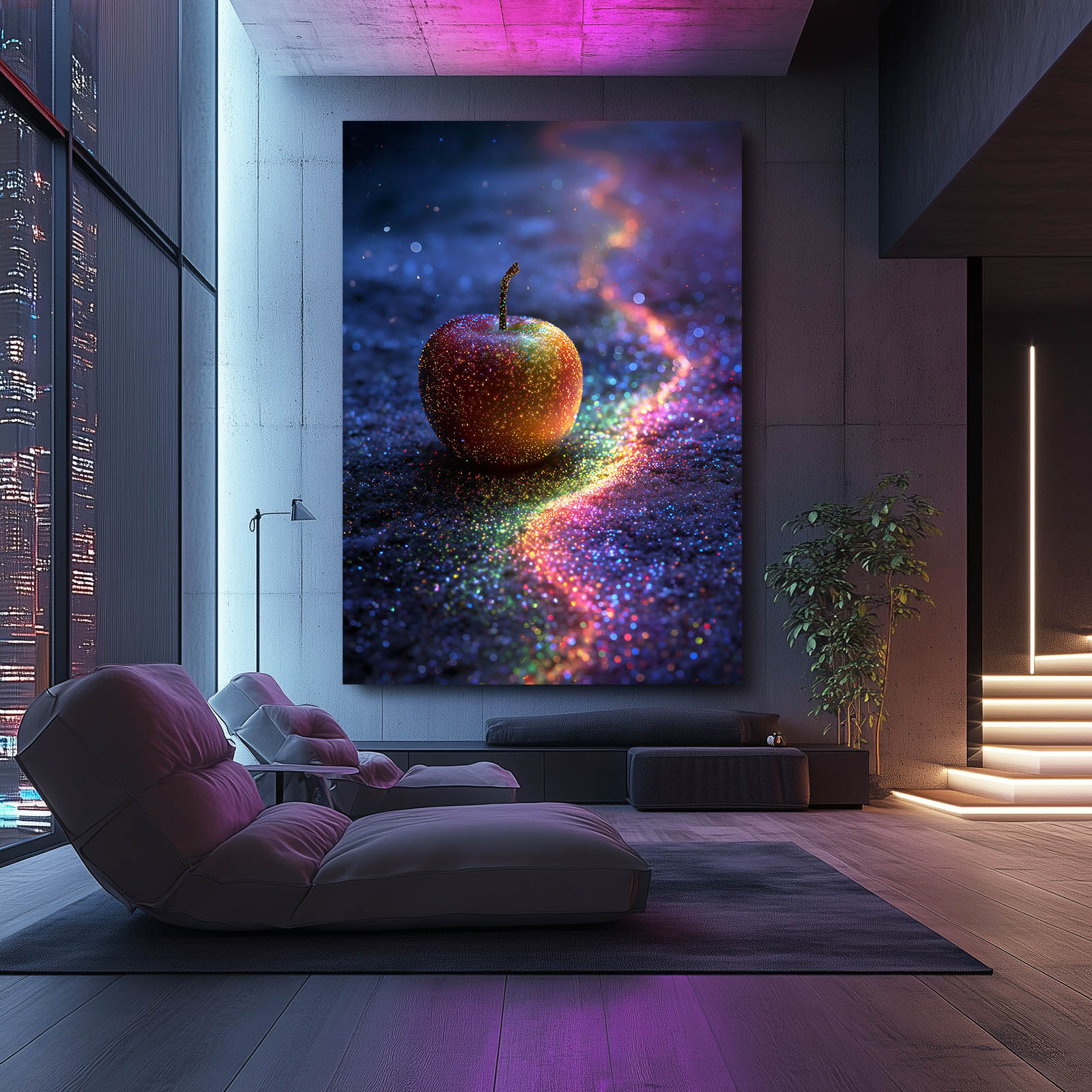 Rainbow Galaxy Trail Apple Canvas Art – styled in a furnished interior