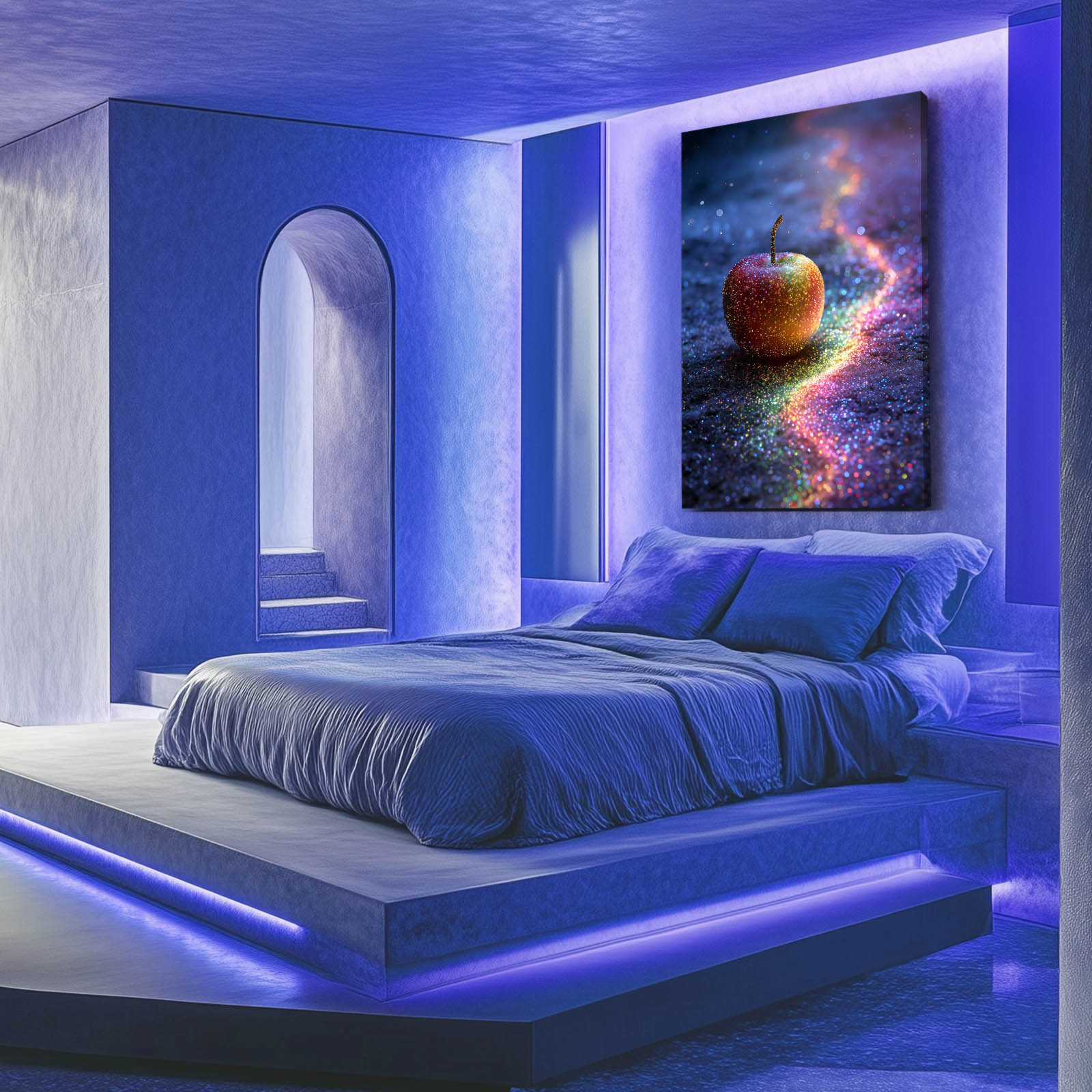 Rainbow Galaxy Trail Apple Canvas Art – styled in a furnished interior