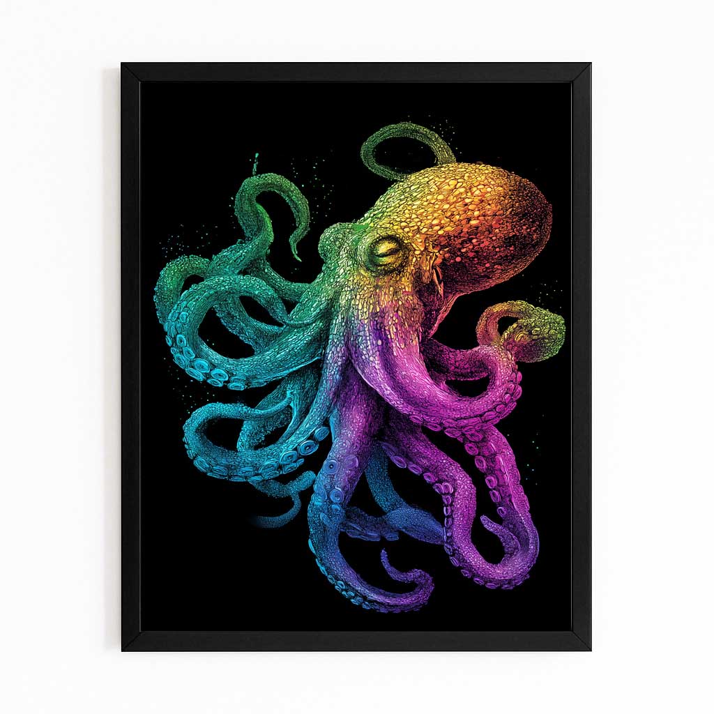 Rainbow Glow Octopus Canvas – with Premium Black frame on white background