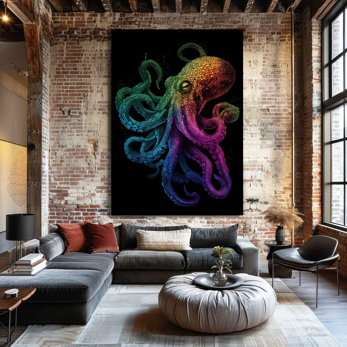Rainbow Glow Octopus Canvas – styled in a furnished interior