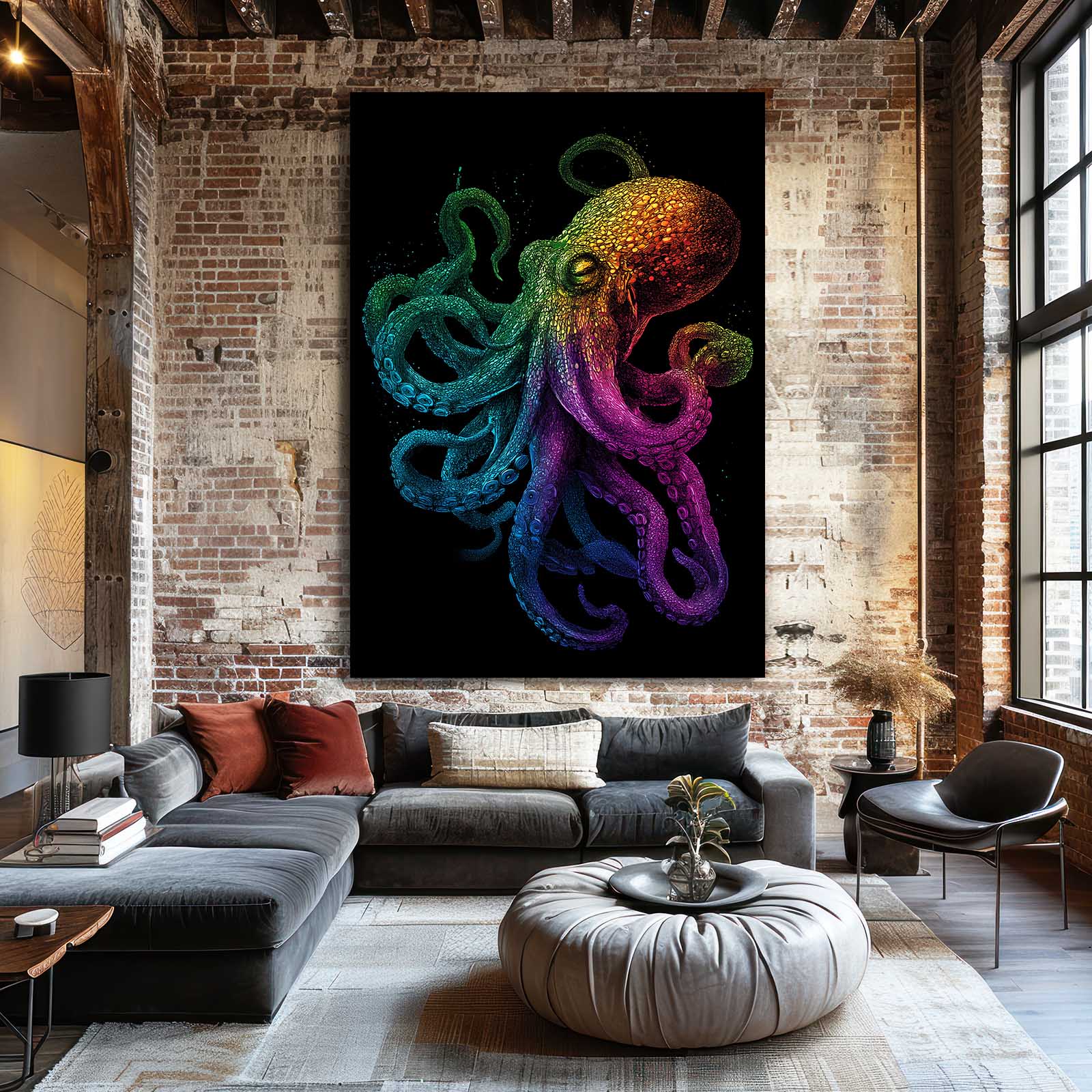Rainbow Glow Octopus Canvas – styled in a furnished interior