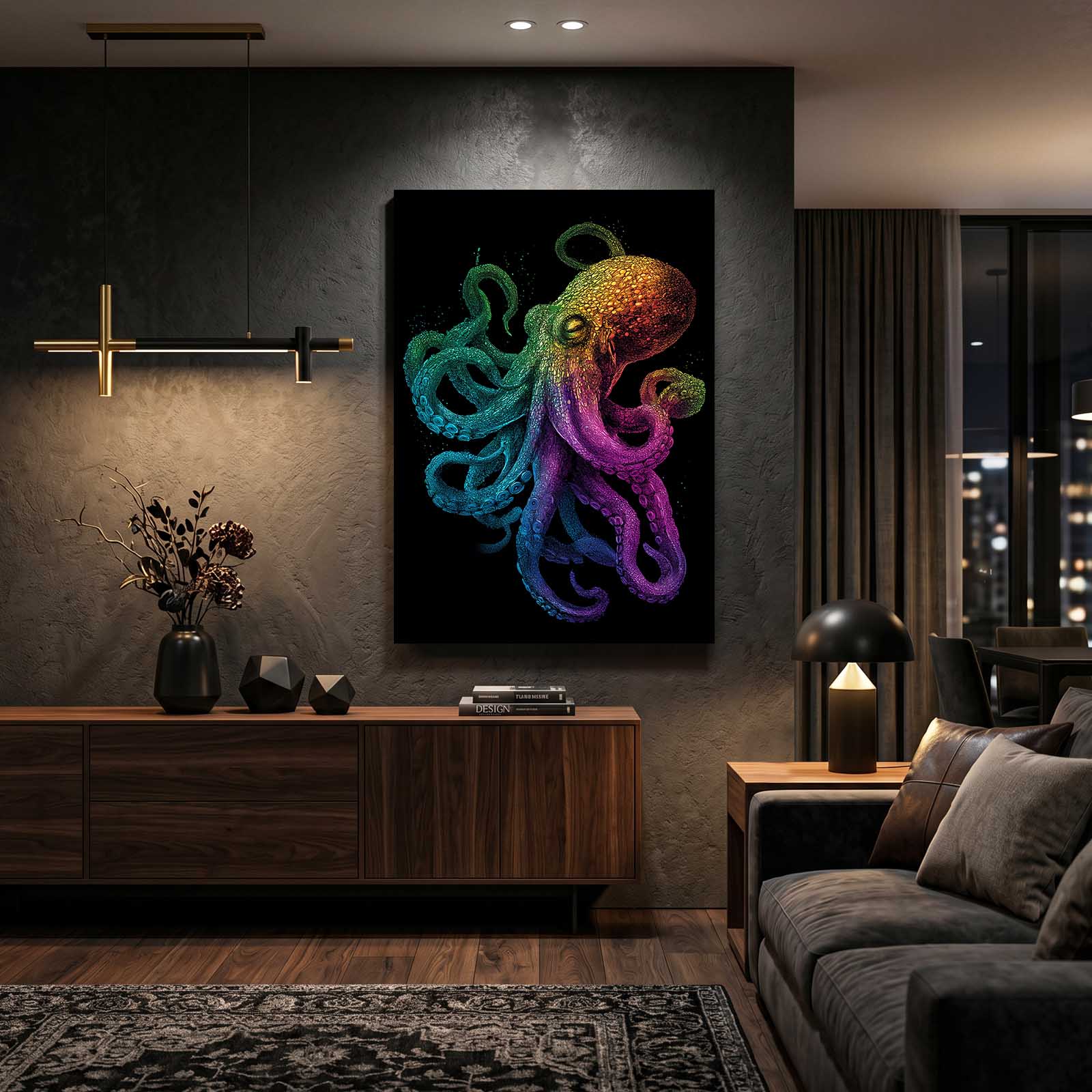 Rainbow Glow Octopus Canvas – styled in a furnished interior