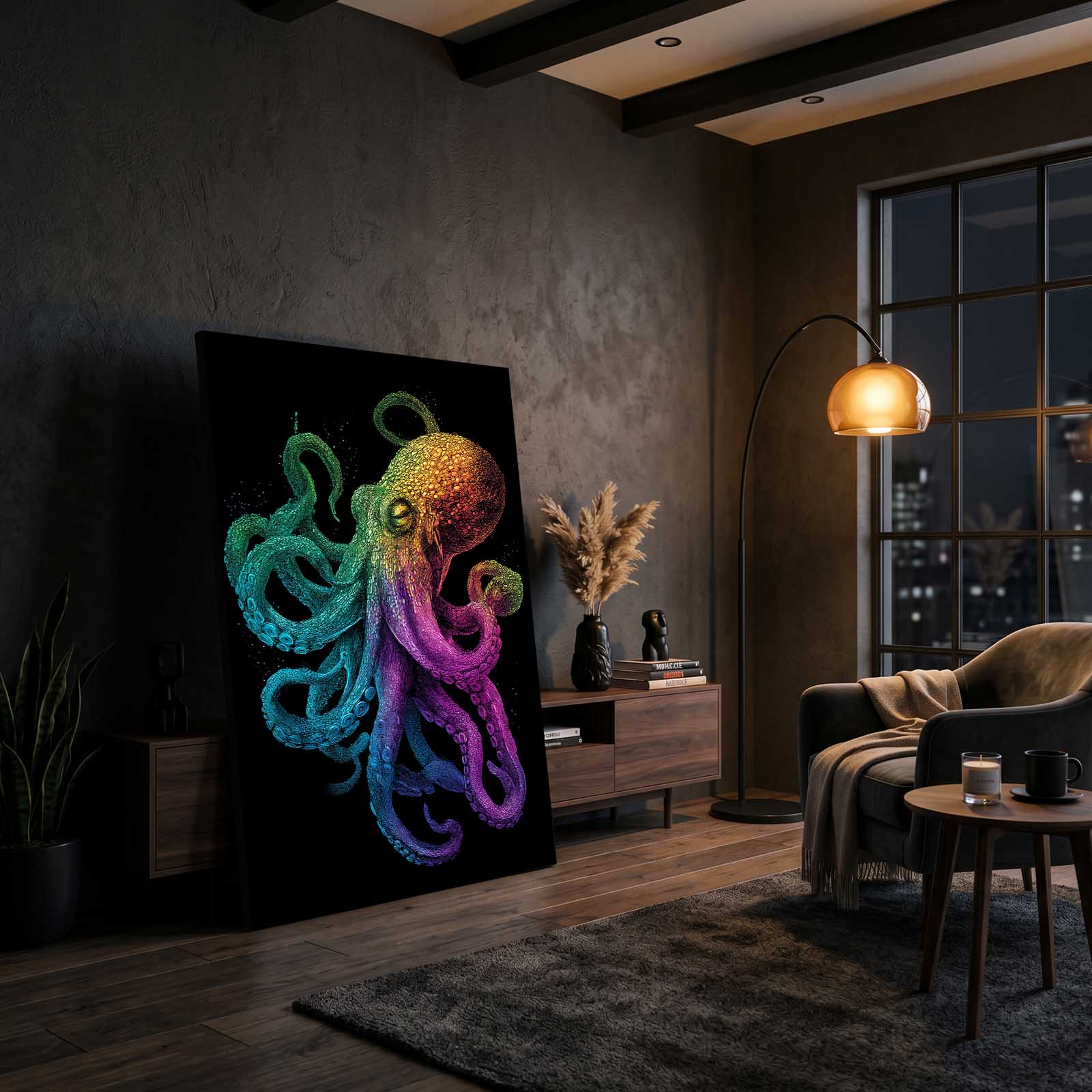 Rainbow Glow Octopus Canvas – styled in a furnished interior
