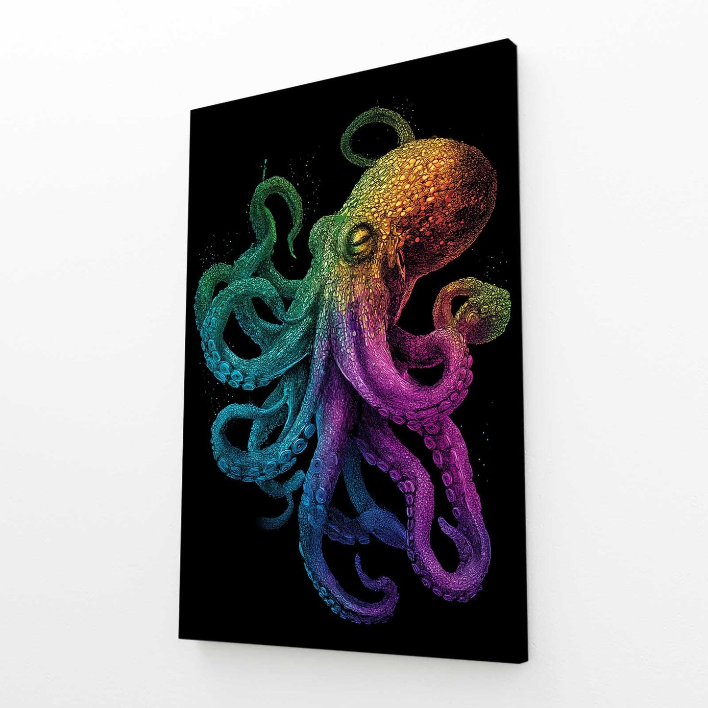 Rainbow Glow Octopus Canvas – angled canvas view on white background