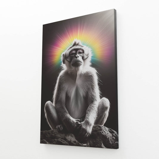 Rainbow Halo Meditation Monkey Wall Decor – angled canvas view on white background
