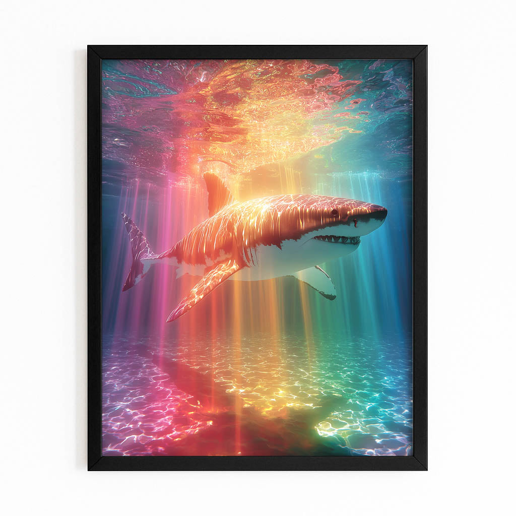 Rainbow Light Rays Shark Art – with Premium Black frame on white background