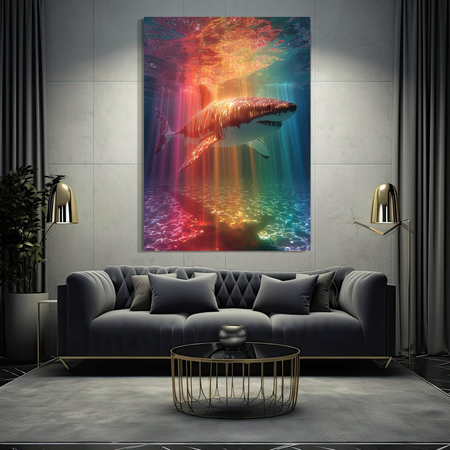 Rainbow Light Rays Shark Art – styled in a furnished interior