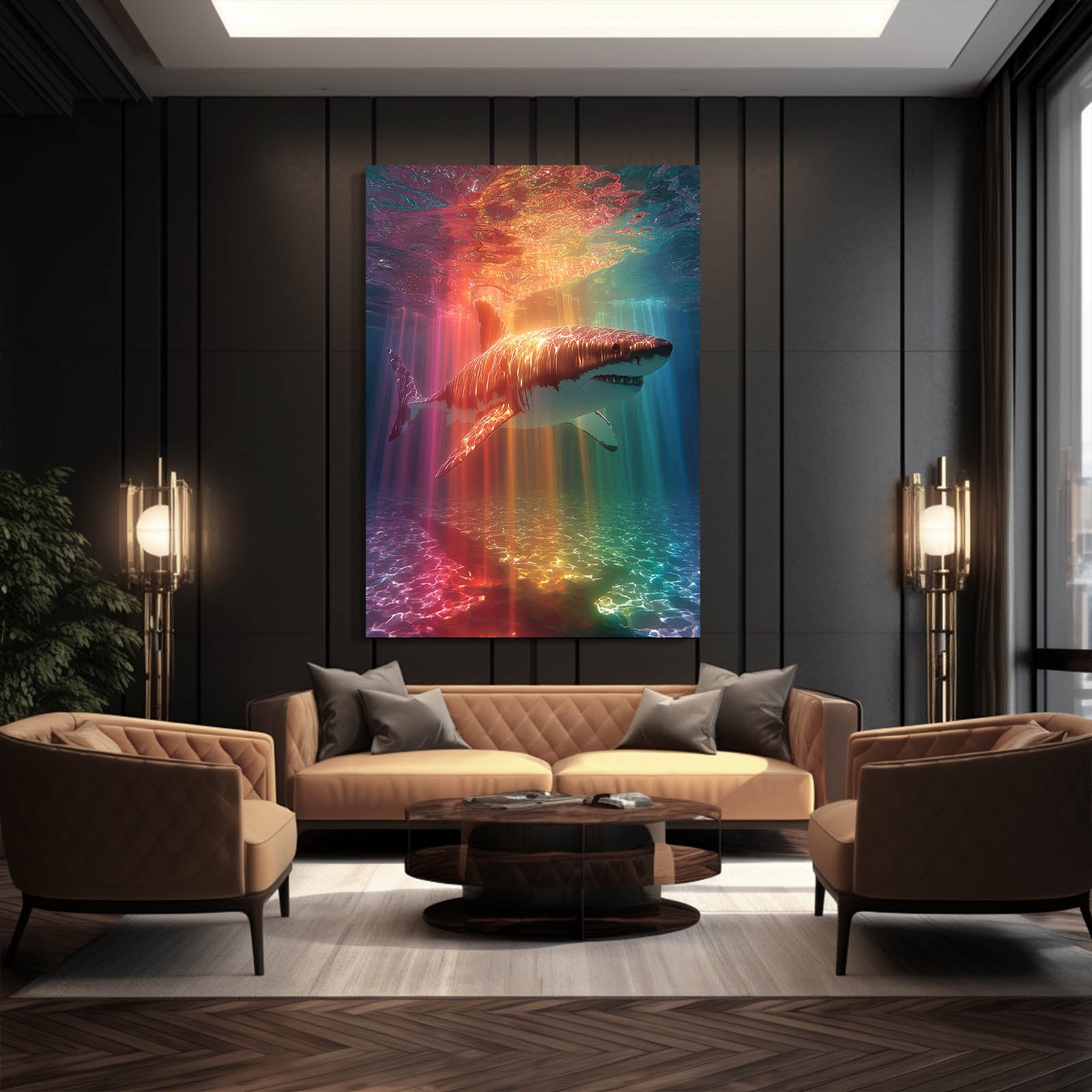 Rainbow Light Rays Shark Art – styled in a furnished interior