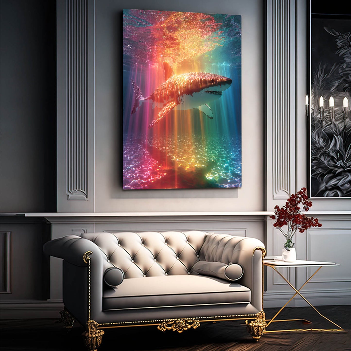 Rainbow Light Rays Shark Art – styled in a furnished interior