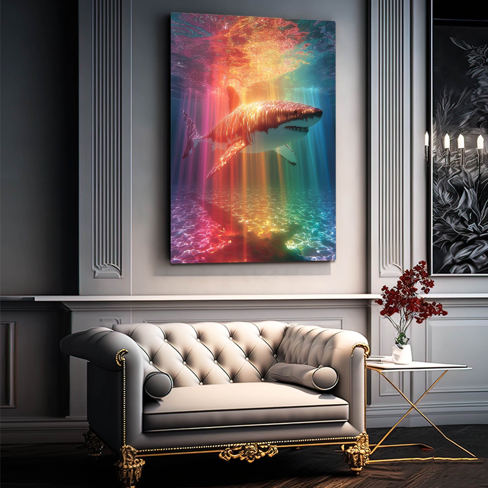 Rainbow Light Rays Shark Art – styled in a furnished interior