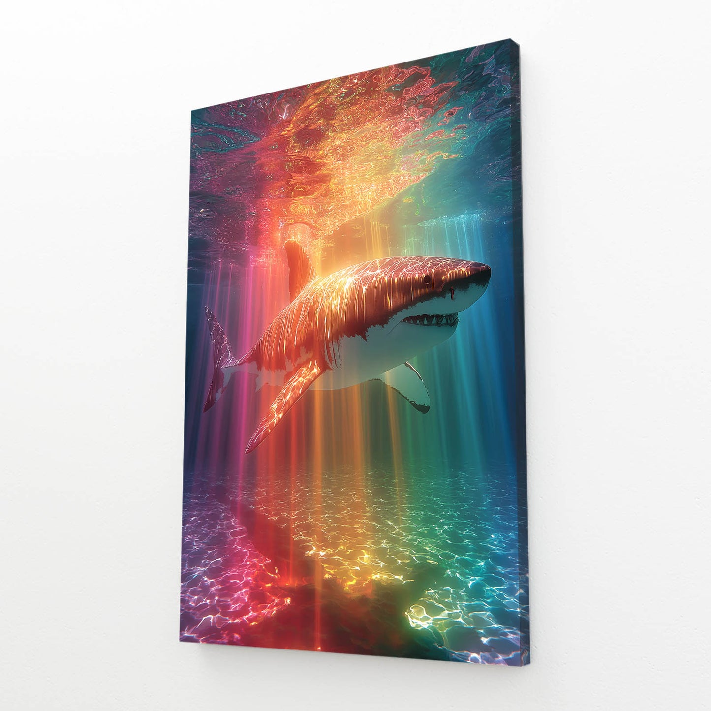 Rainbow Light Rays Shark Art – angled canvas view on white background