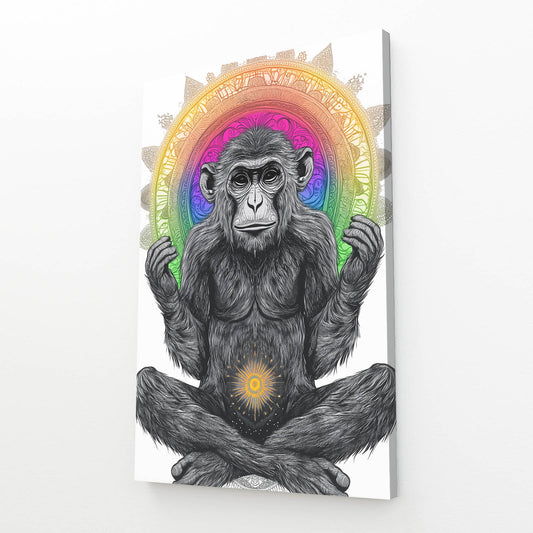 Rainbow Mandala Zen Monkey Prints – angled canvas view on white background