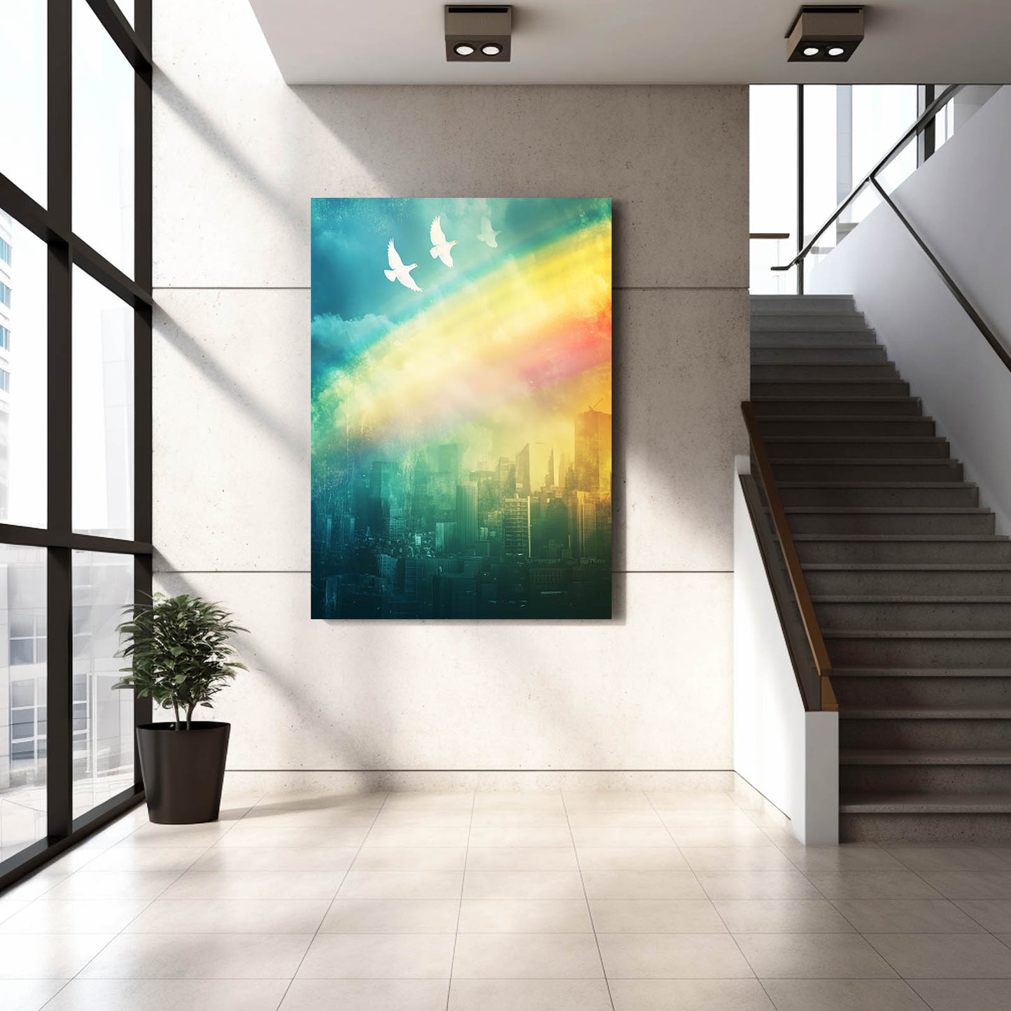 Rainbow Over Skyline Peace Canvas Art – styled in a furnished interior