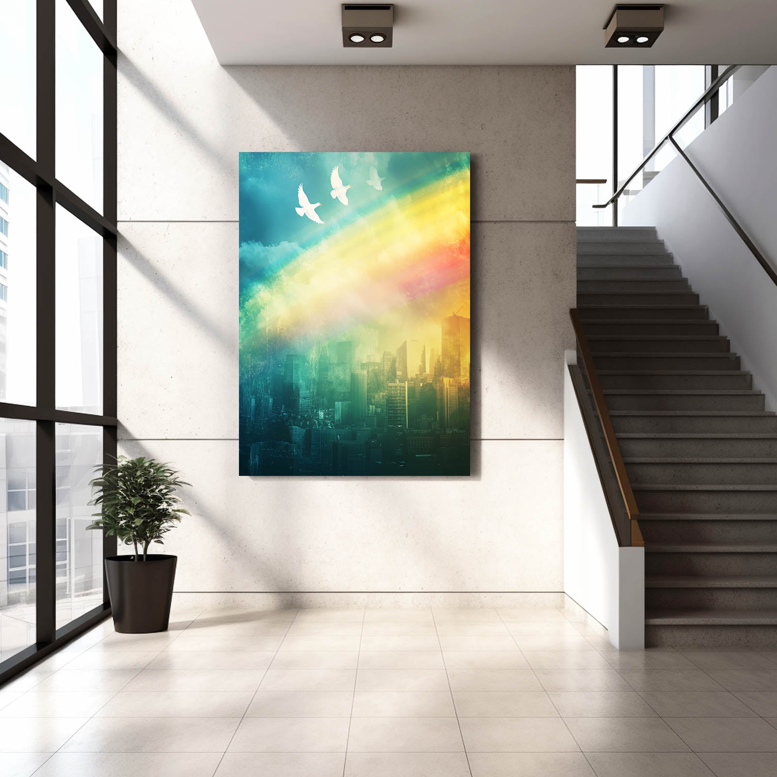Rainbow Over Skyline Peace Canvas Art – styled in a furnished interior