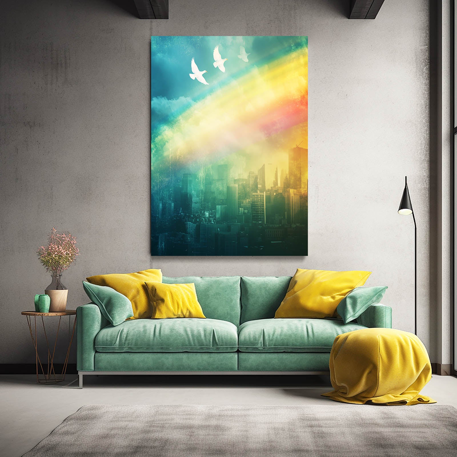 Rainbow Over Skyline Peace Canvas Art – styled in a furnished interior