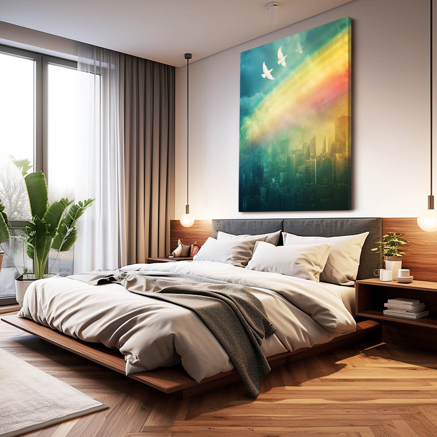 Rainbow Over Skyline Peace Canvas Art – styled in a furnished interior