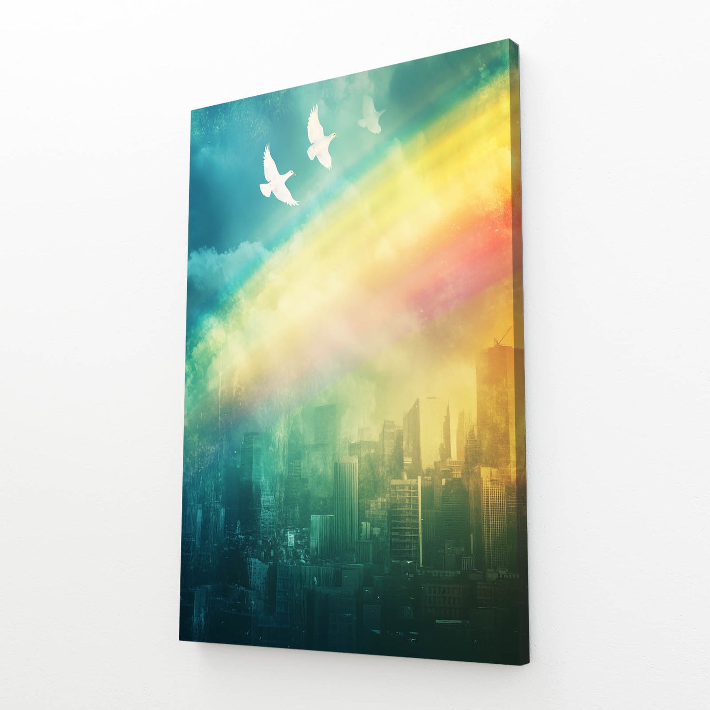 Rainbow Over Skyline Peace Canvas Art – angled canvas view on white background