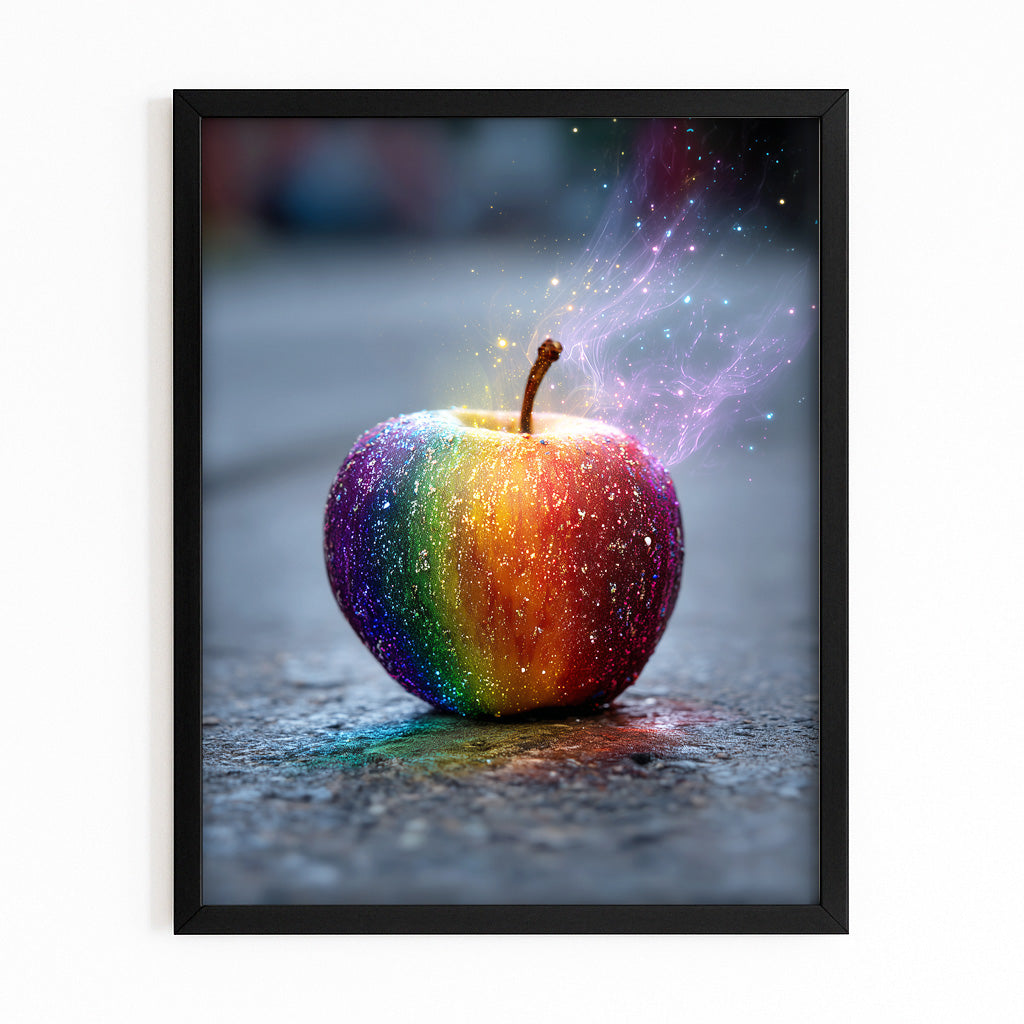 Rainbow Smoke Apple Art – with Premium Black frame on white background