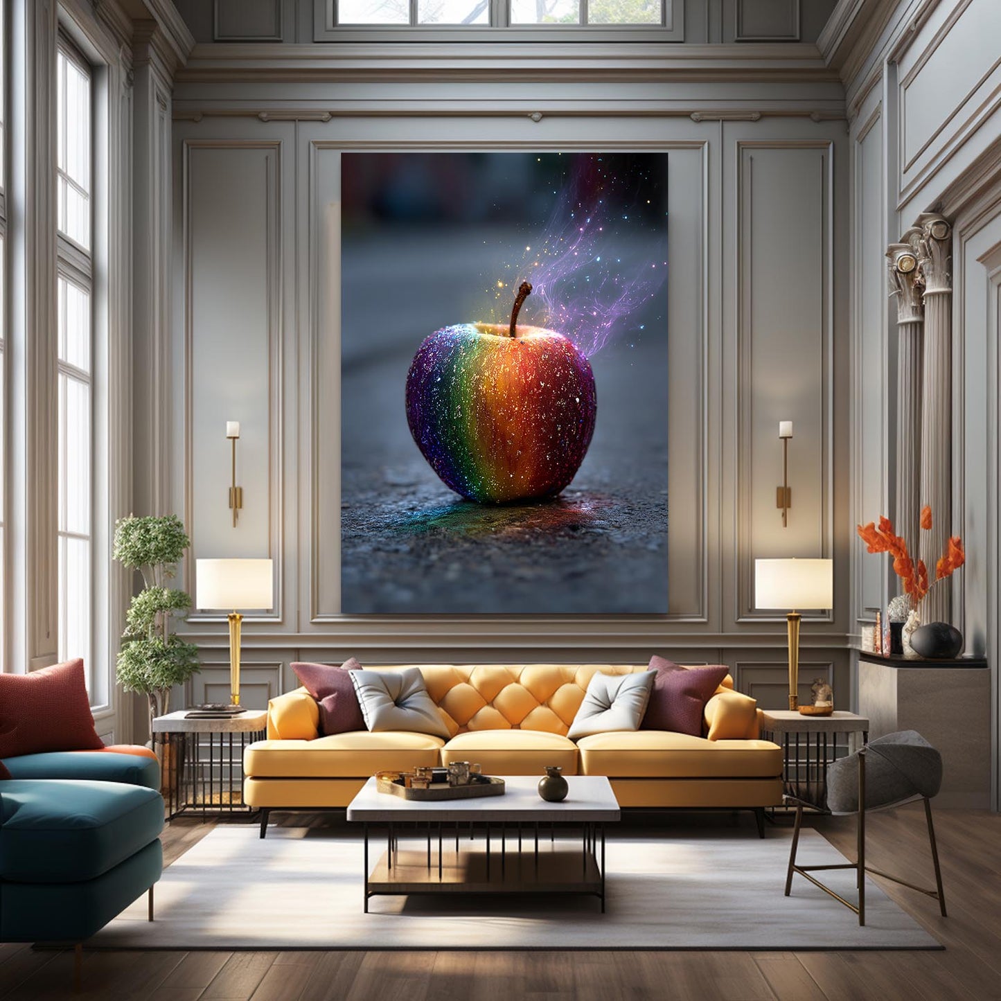 Rainbow Smoke Apple Art – styled in a furnished interior