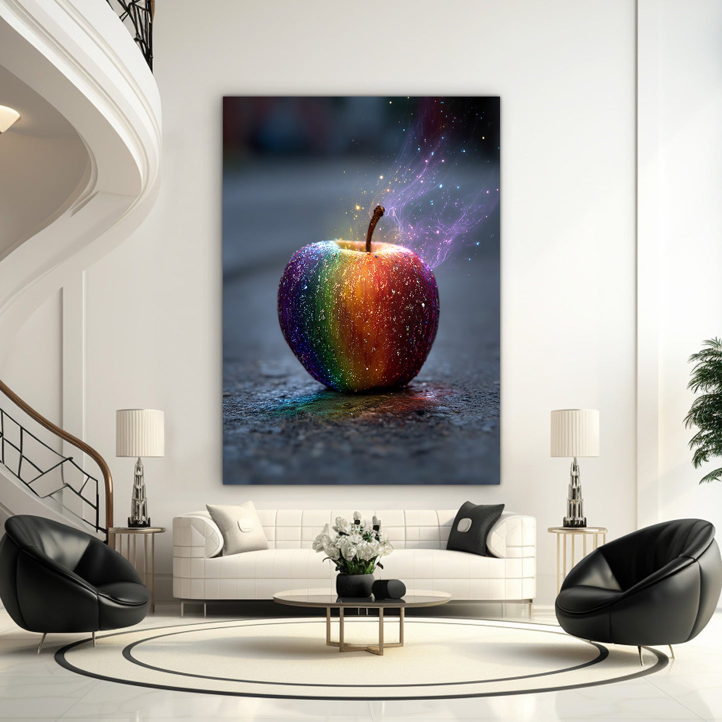 Rainbow Smoke Apple Art – styled in a furnished interior