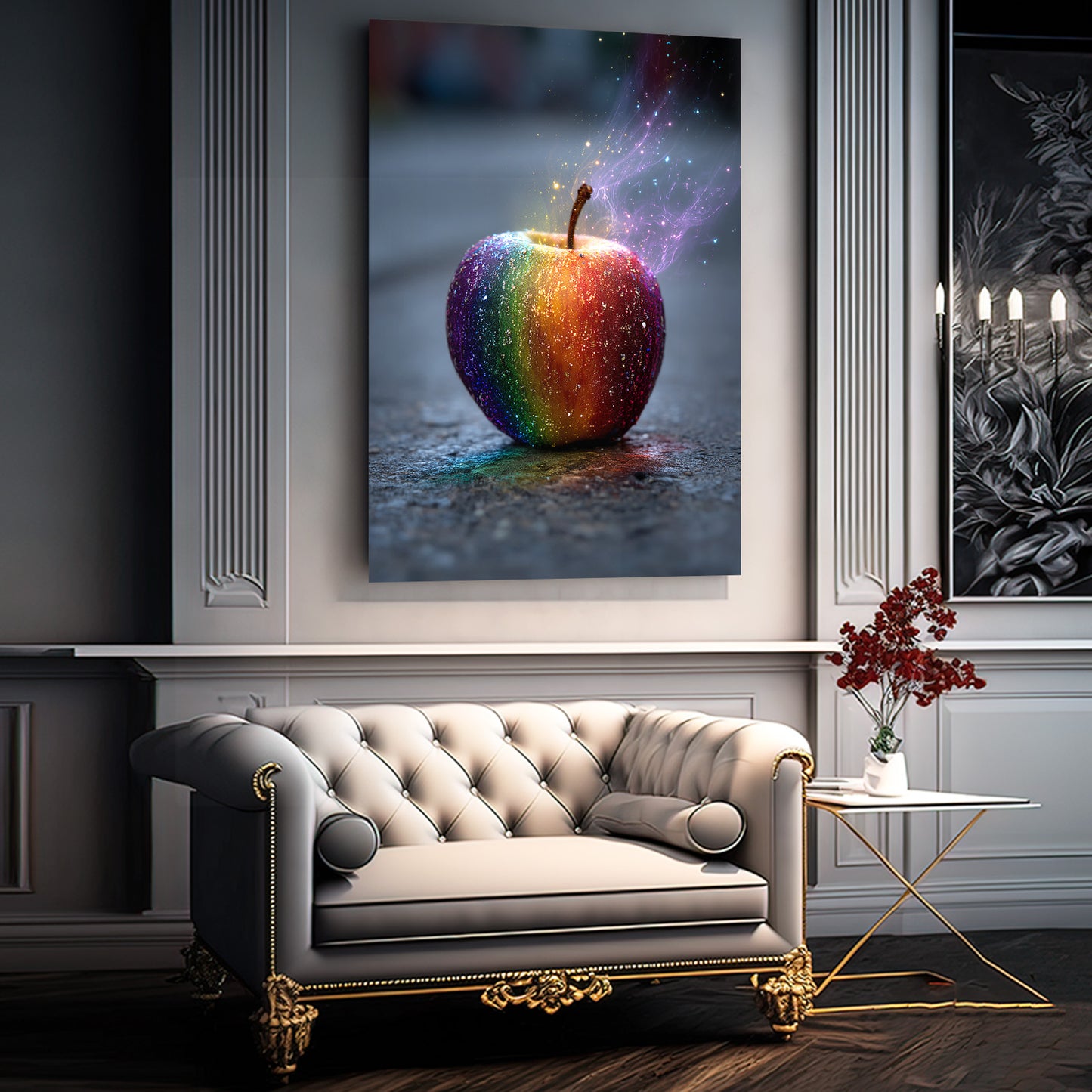 Rainbow Smoke Apple Art – styled in a furnished interior