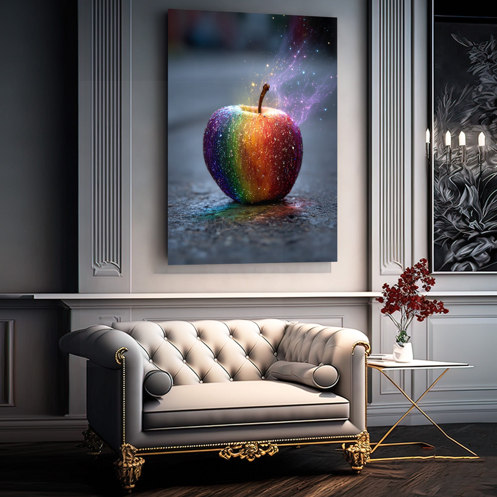 Rainbow Smoke Apple Art – styled in a furnished interior