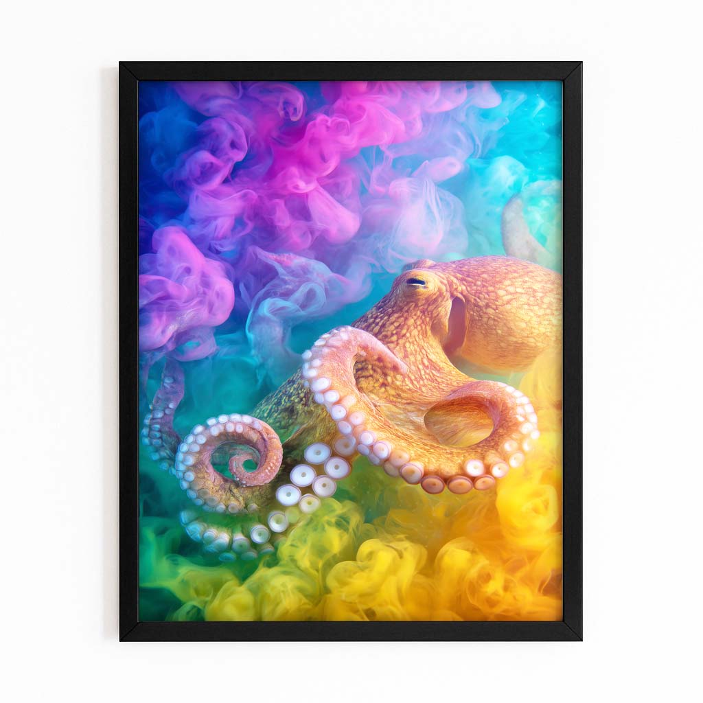 Rainbow Smoke Octopus Canvas – with Premium Black frame on white background