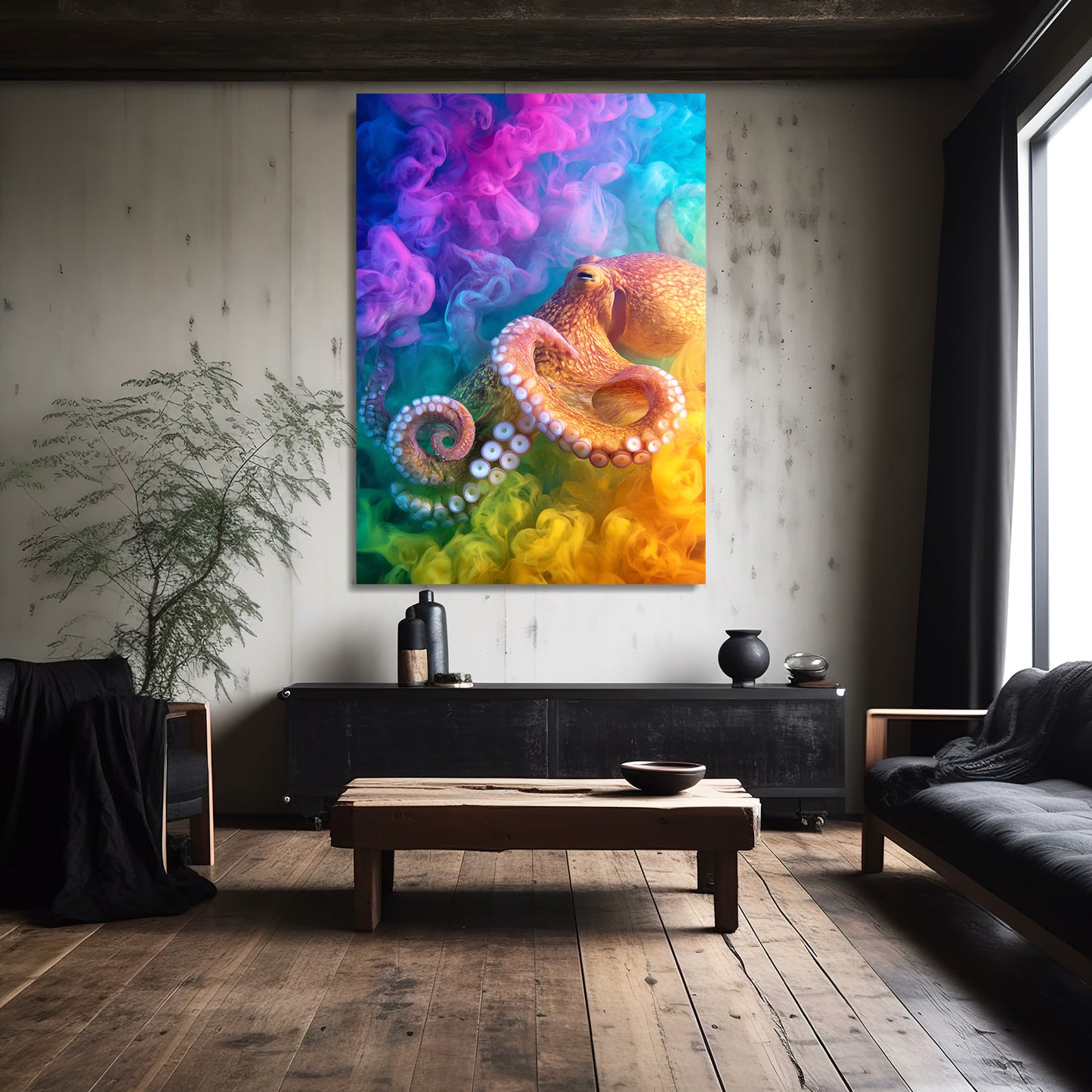 Rainbow Smoke Octopus Canvas – styled in a furnished interior