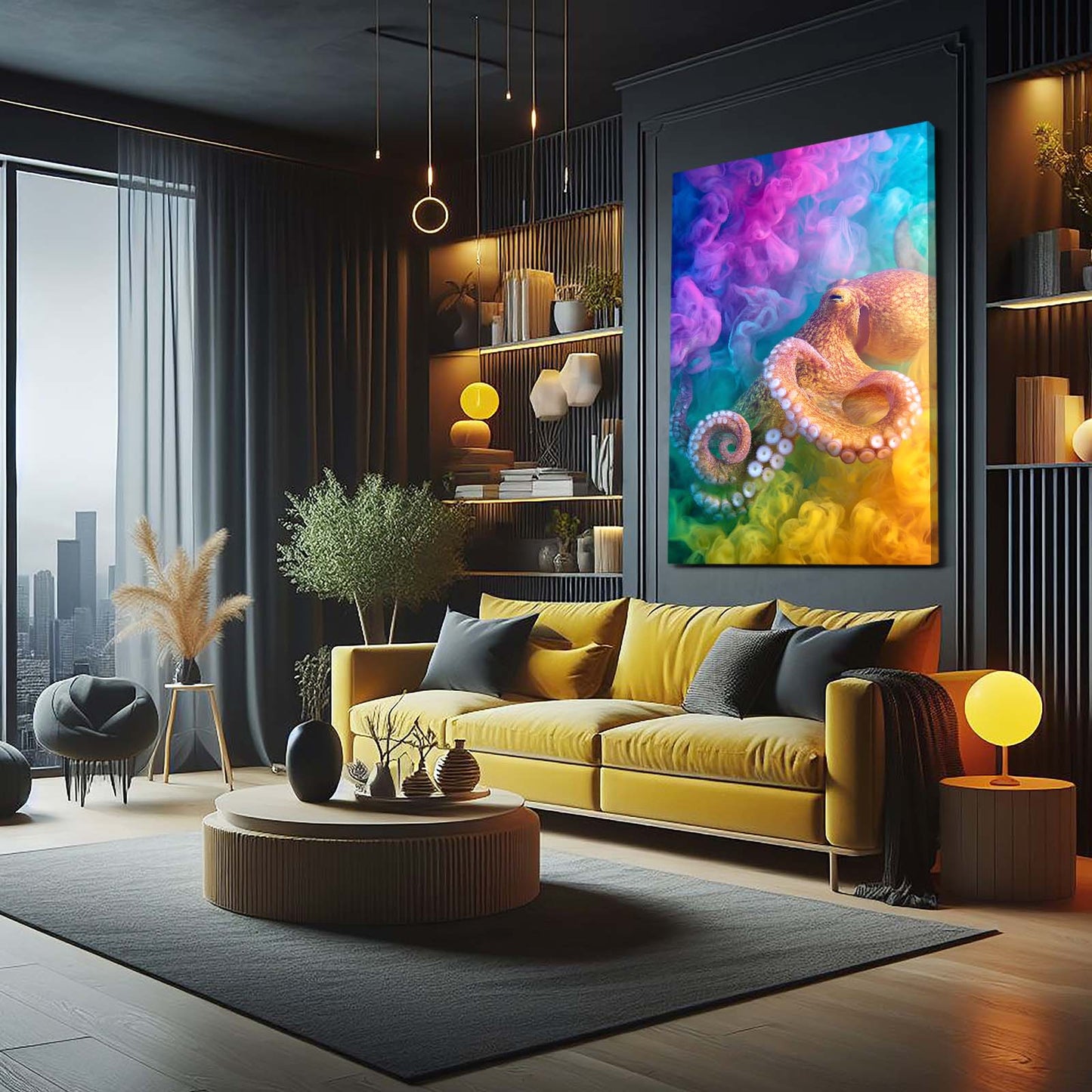 Rainbow Smoke Octopus Canvas – styled in a furnished interior