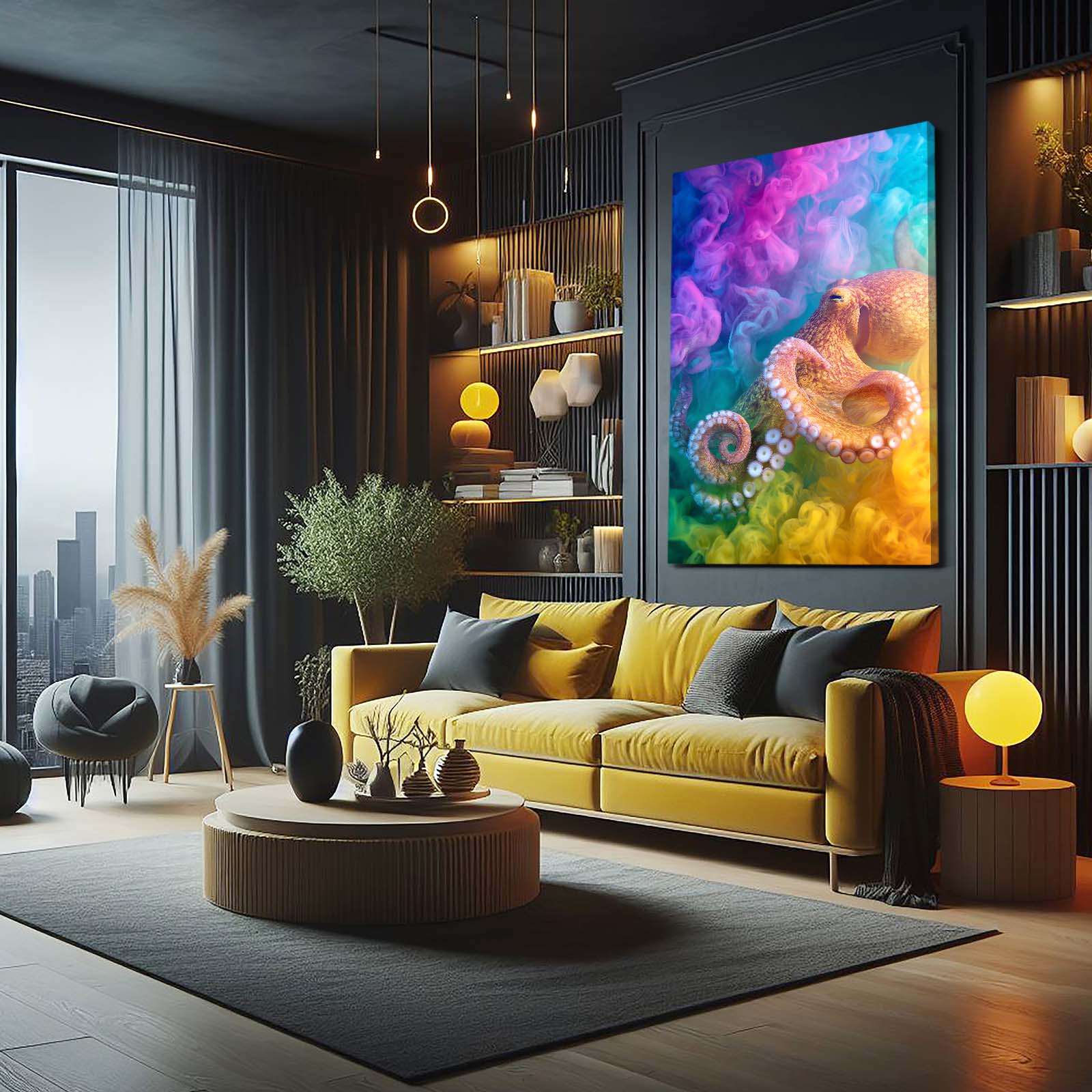 Rainbow Smoke Octopus Canvas – styled in a furnished interior