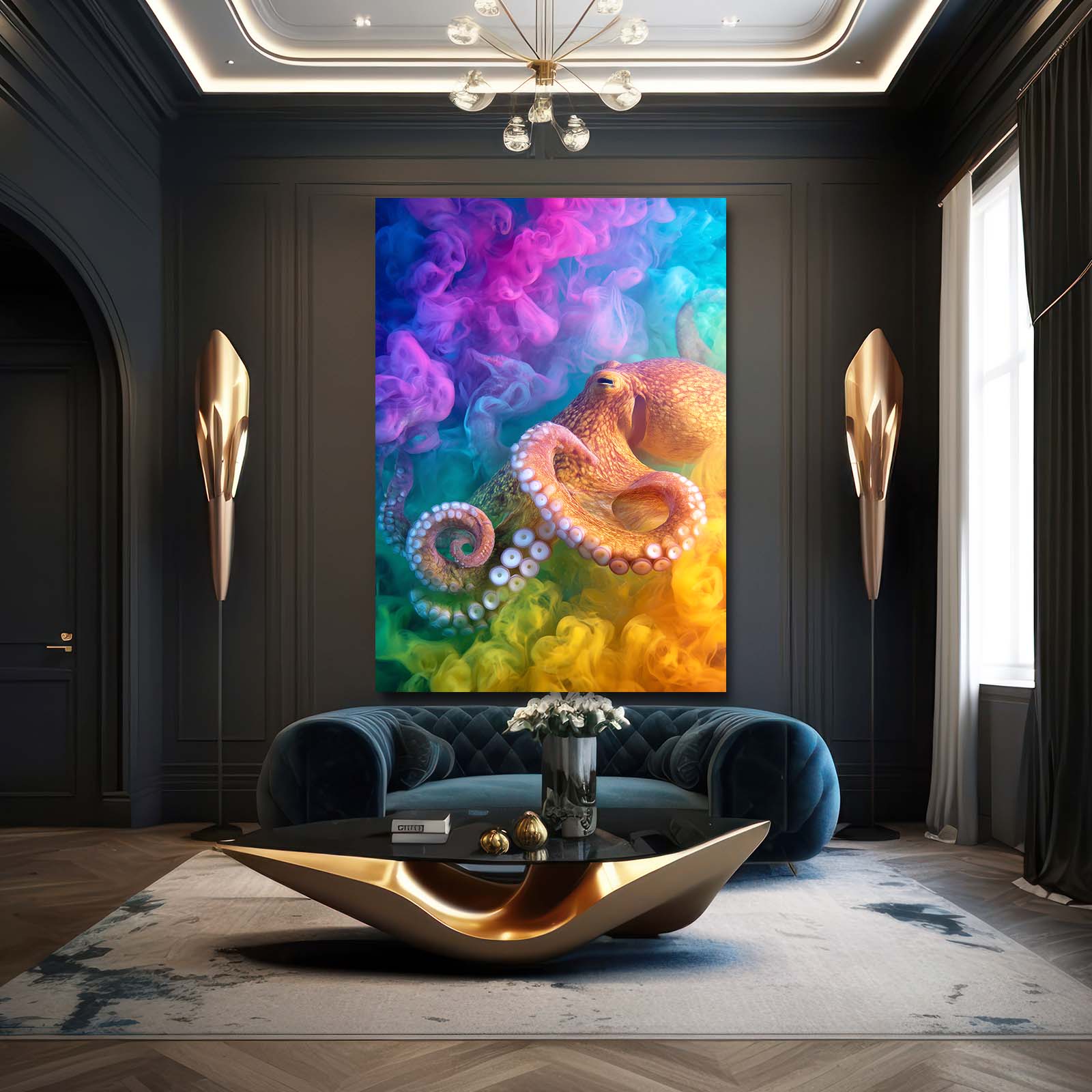 Rainbow Smoke Octopus Canvas – styled in a furnished interior