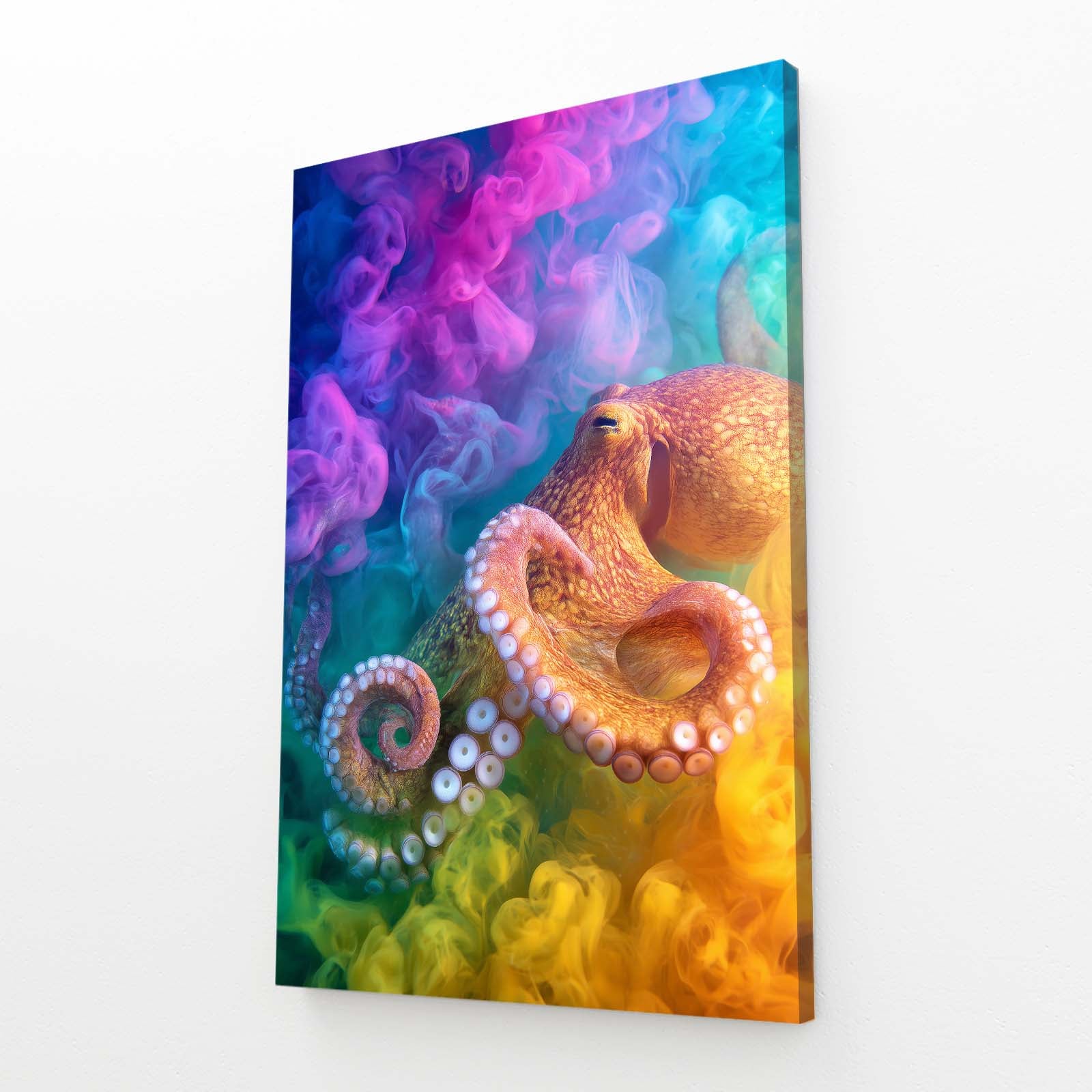 Rainbow Smoke Octopus Canvas – angled canvas view on white background