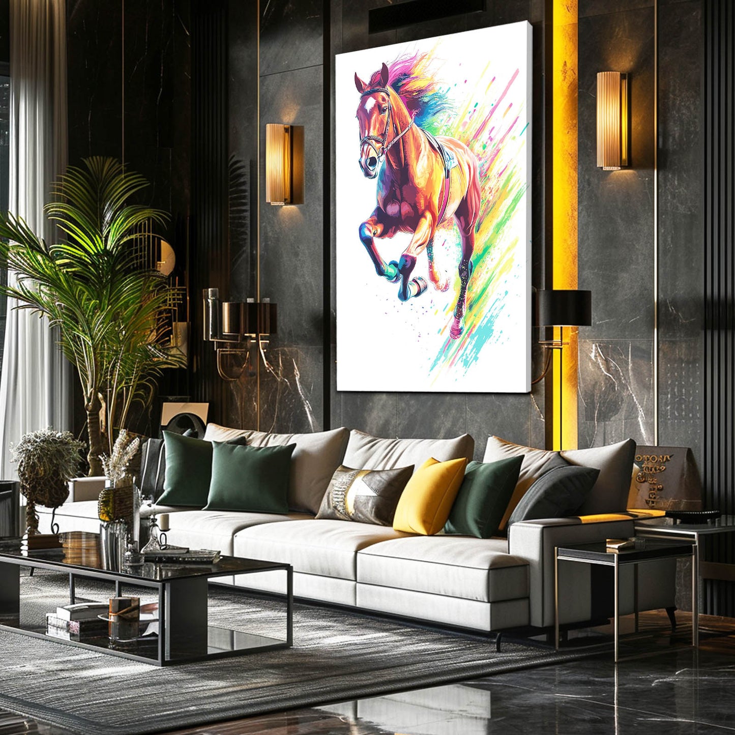 Rainbow Splash Charge Horse Prints — contemporary canvas print, styled in a furnished interior