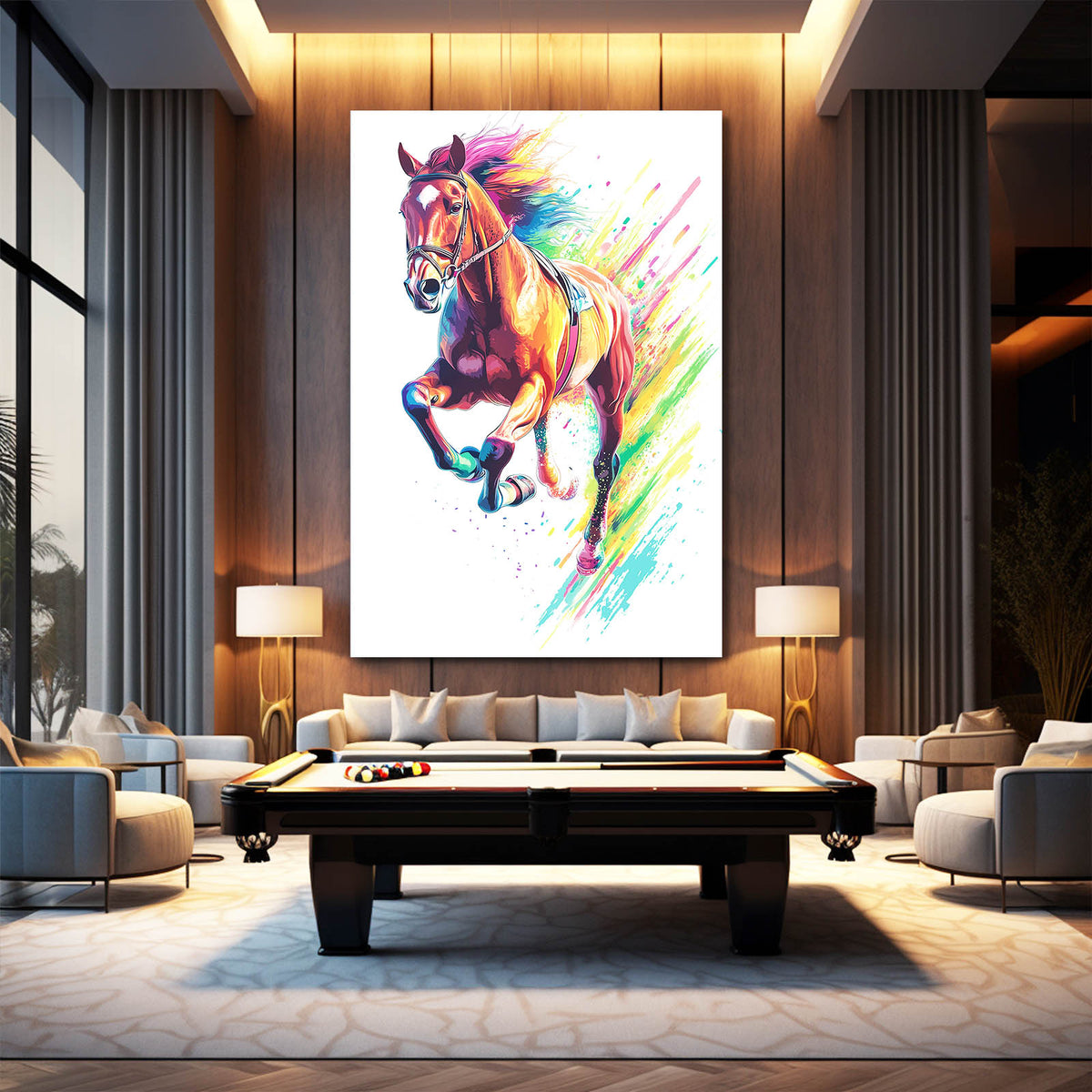 Rainbow Splash Charge Horse Prints — contemporary canvas print, styled in a furnished interior