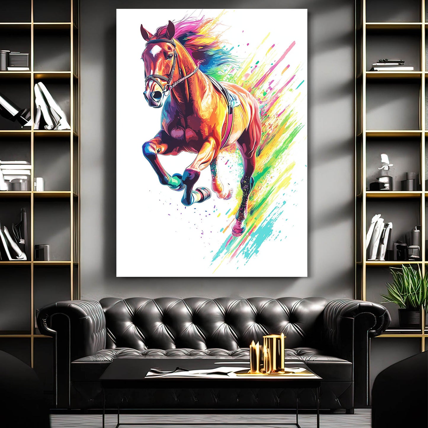 Rainbow Splash Charge Horse Prints — contemporary canvas print, styled in a furnished interior