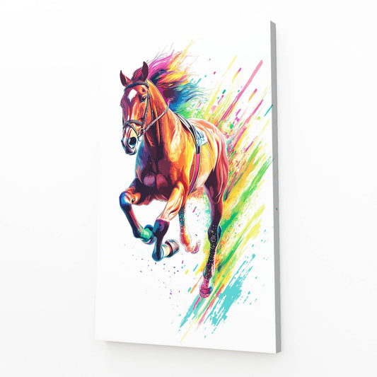 Rainbow Splash Charge Horse Prints — contemporary canvas print, angled canvas view on white background