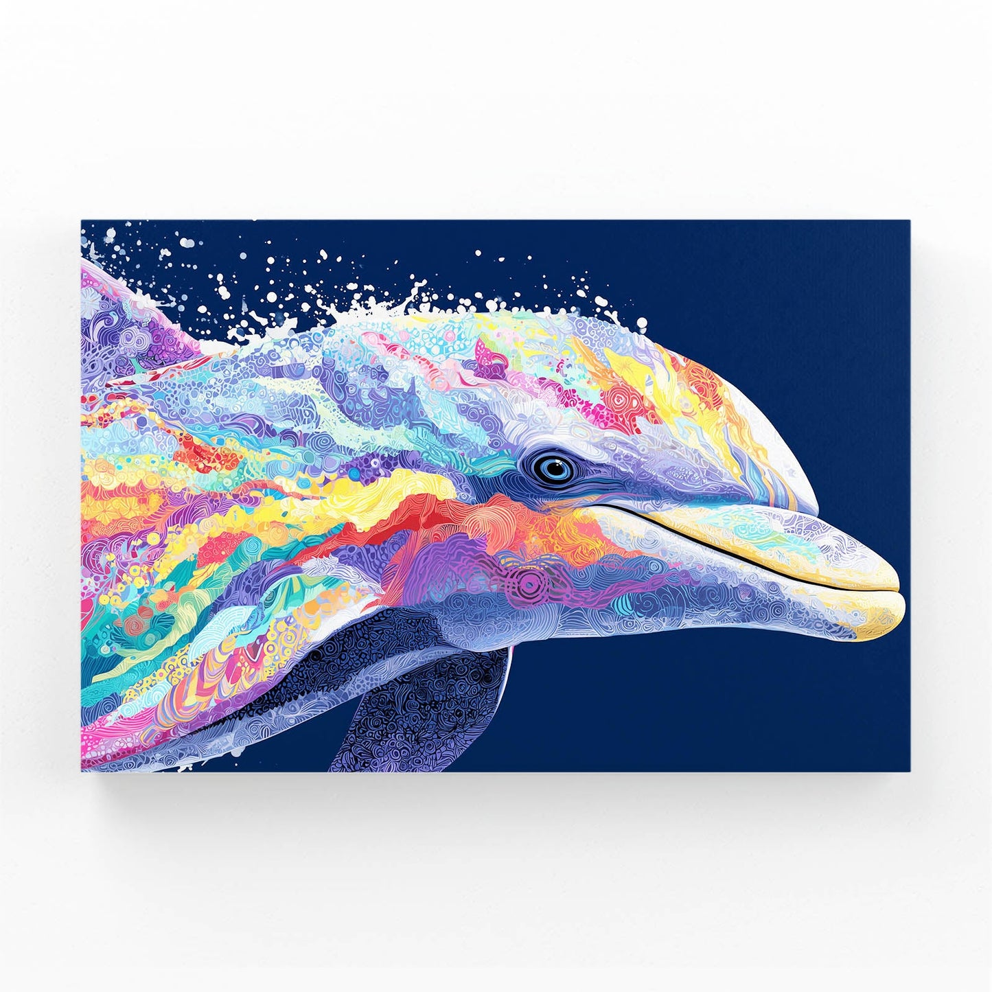 Rainbow Splash Dolphin Canvas – close-up dolphin covered in rainbow color drips and splashes on navy