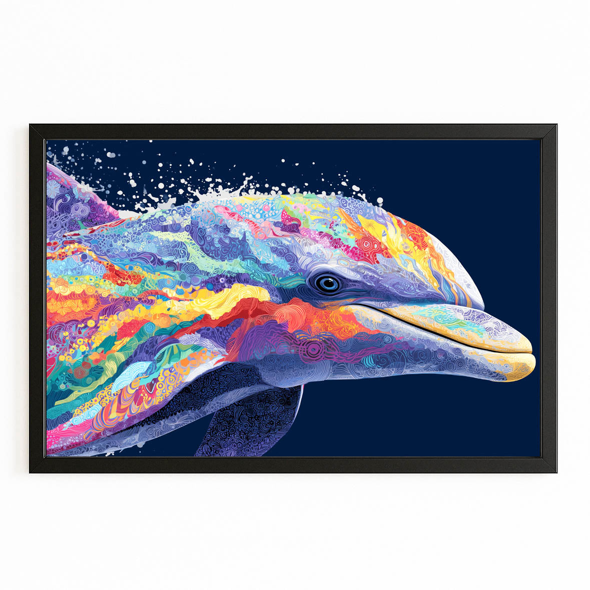 Rainbow Splash Dolphin Canvas – with Premium Black wood frame on white background