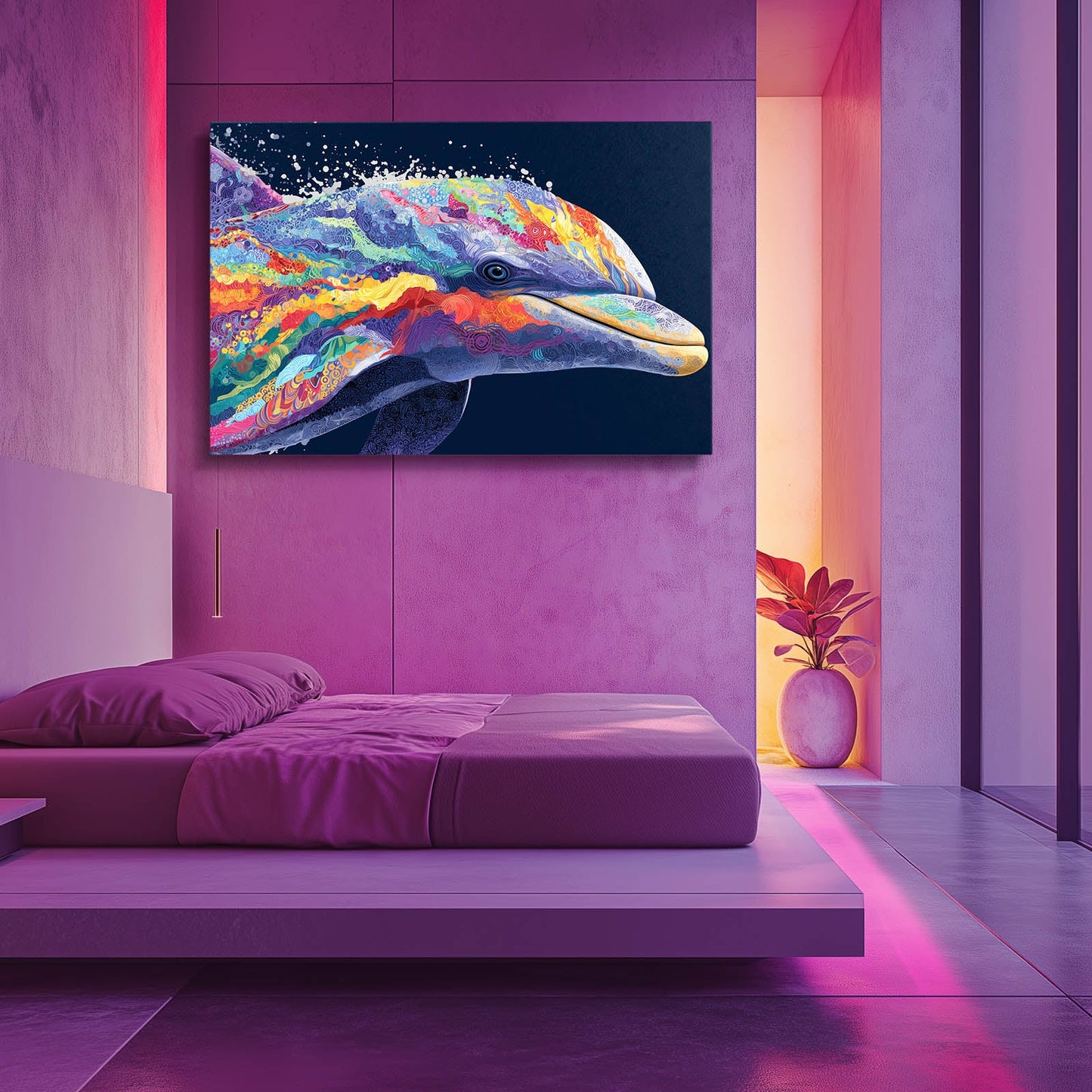 Rainbow Splash Dolphin Canvas – styled in a furnished interior