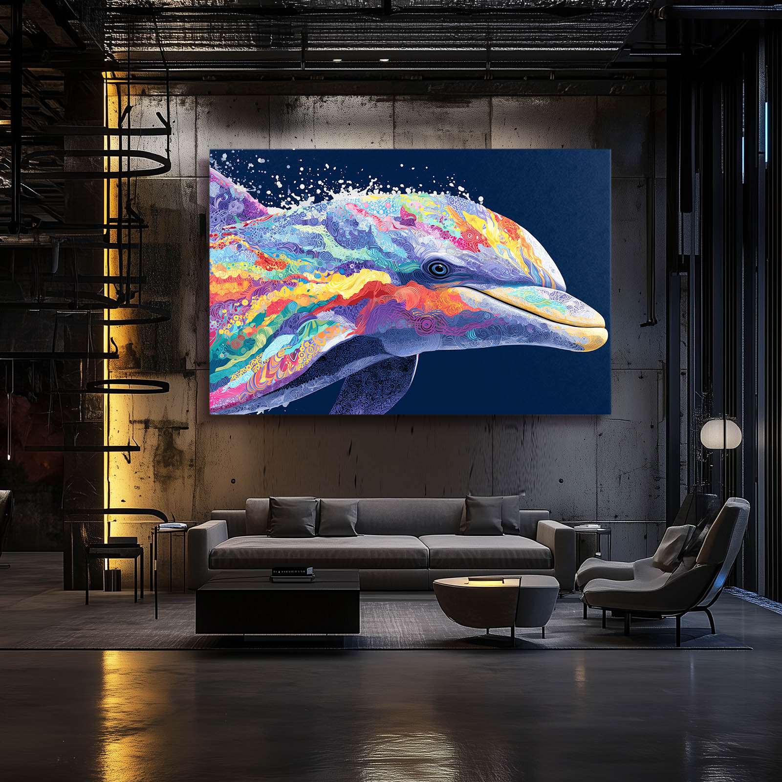 Rainbow Splash Dolphin Canvas – styled in a furnished interior