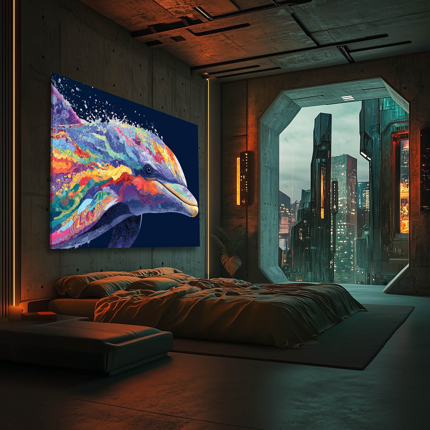 Rainbow Splash Dolphin Canvas – styled in a furnished interior