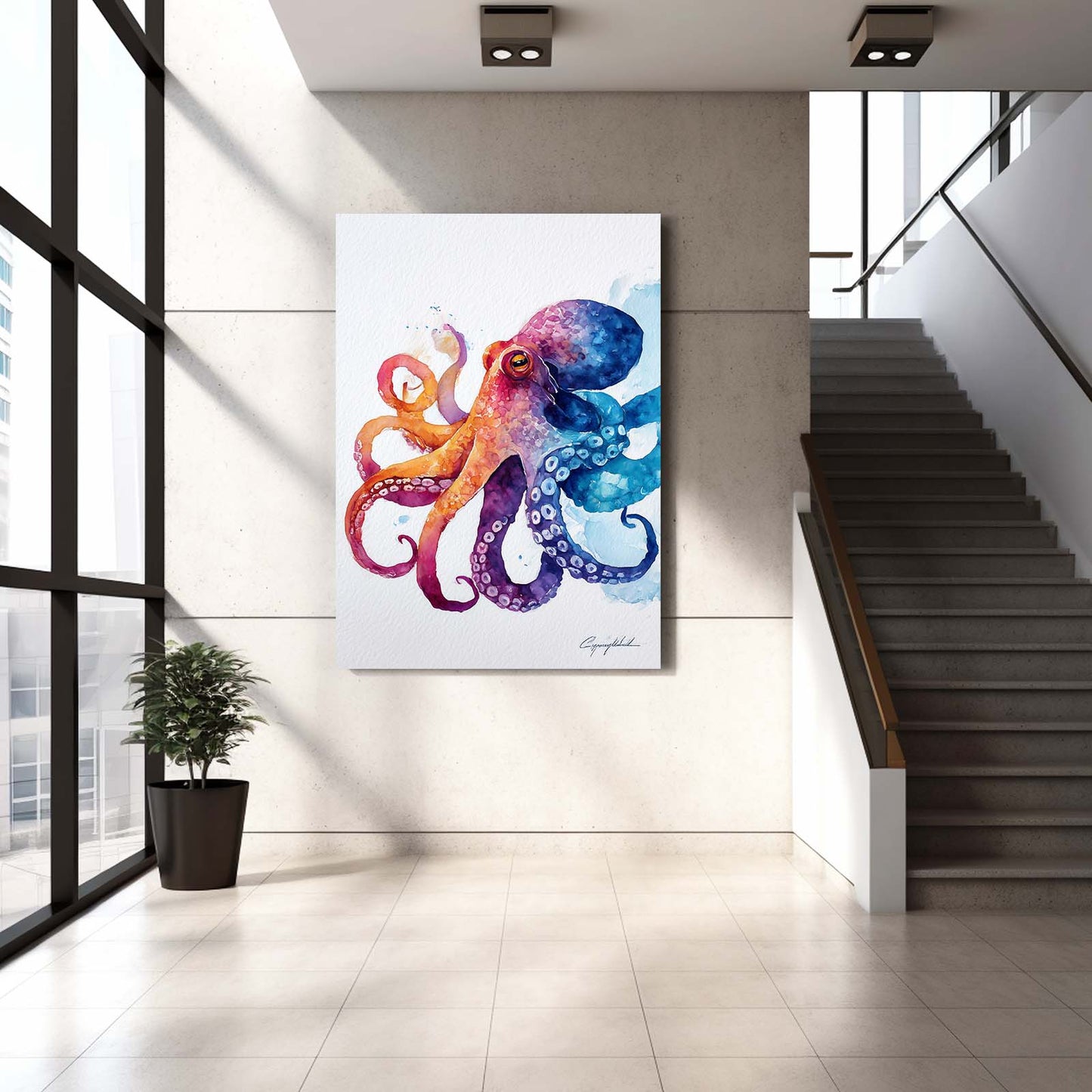 Rainbow Watercolor Octopus Wall Decor – styled in a furnished interior
