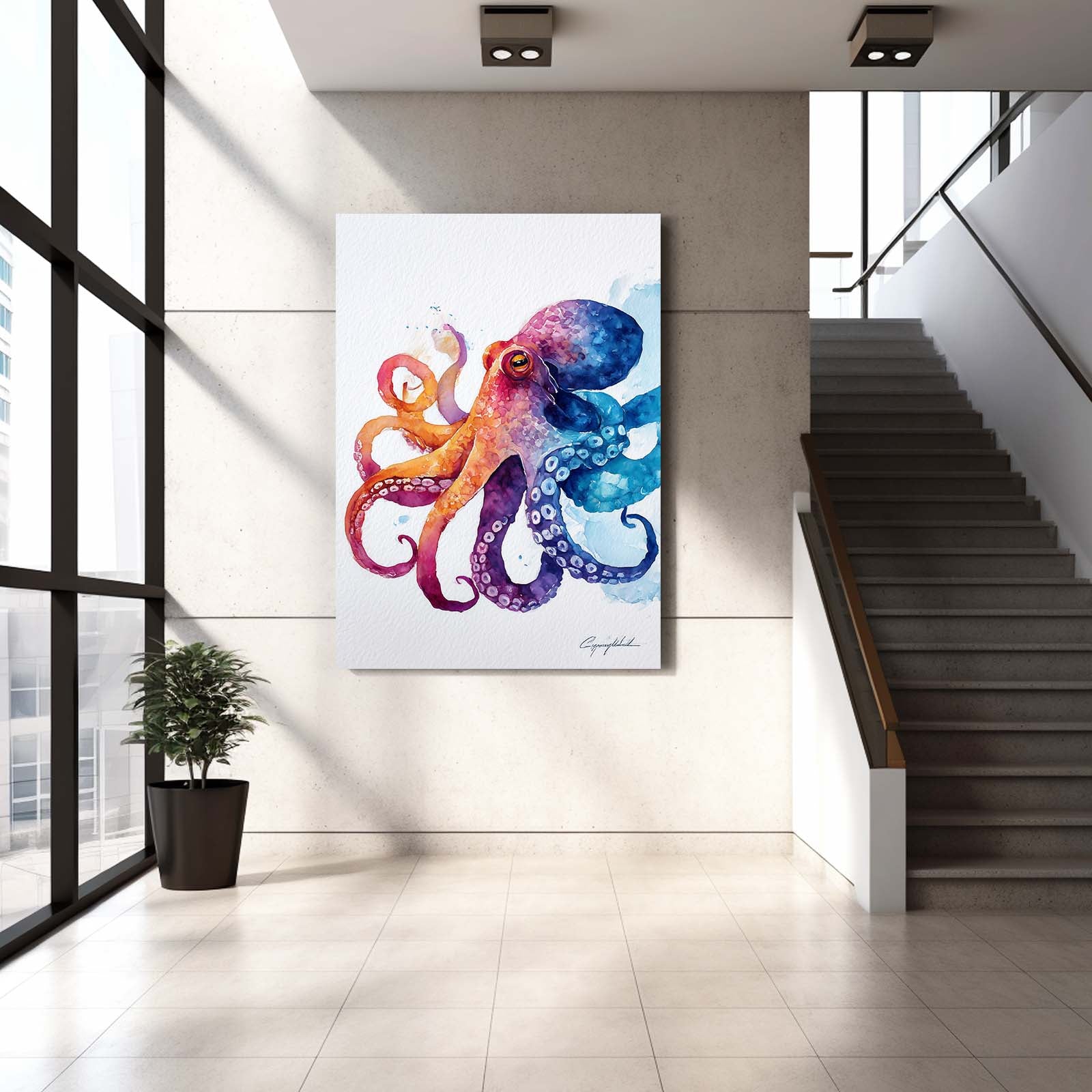 Rainbow Watercolor Octopus Wall Decor – styled in a furnished interior