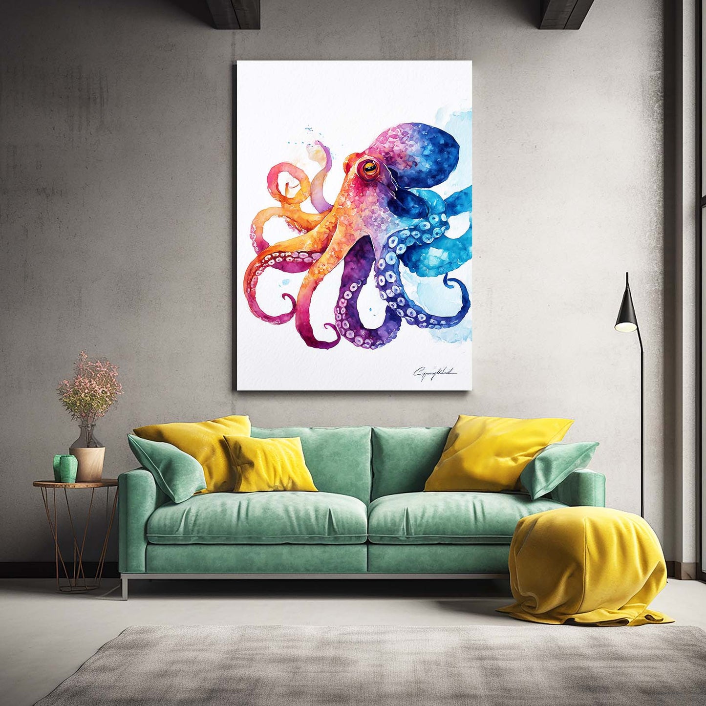 Rainbow Watercolor Octopus Wall Decor – styled in a furnished interior